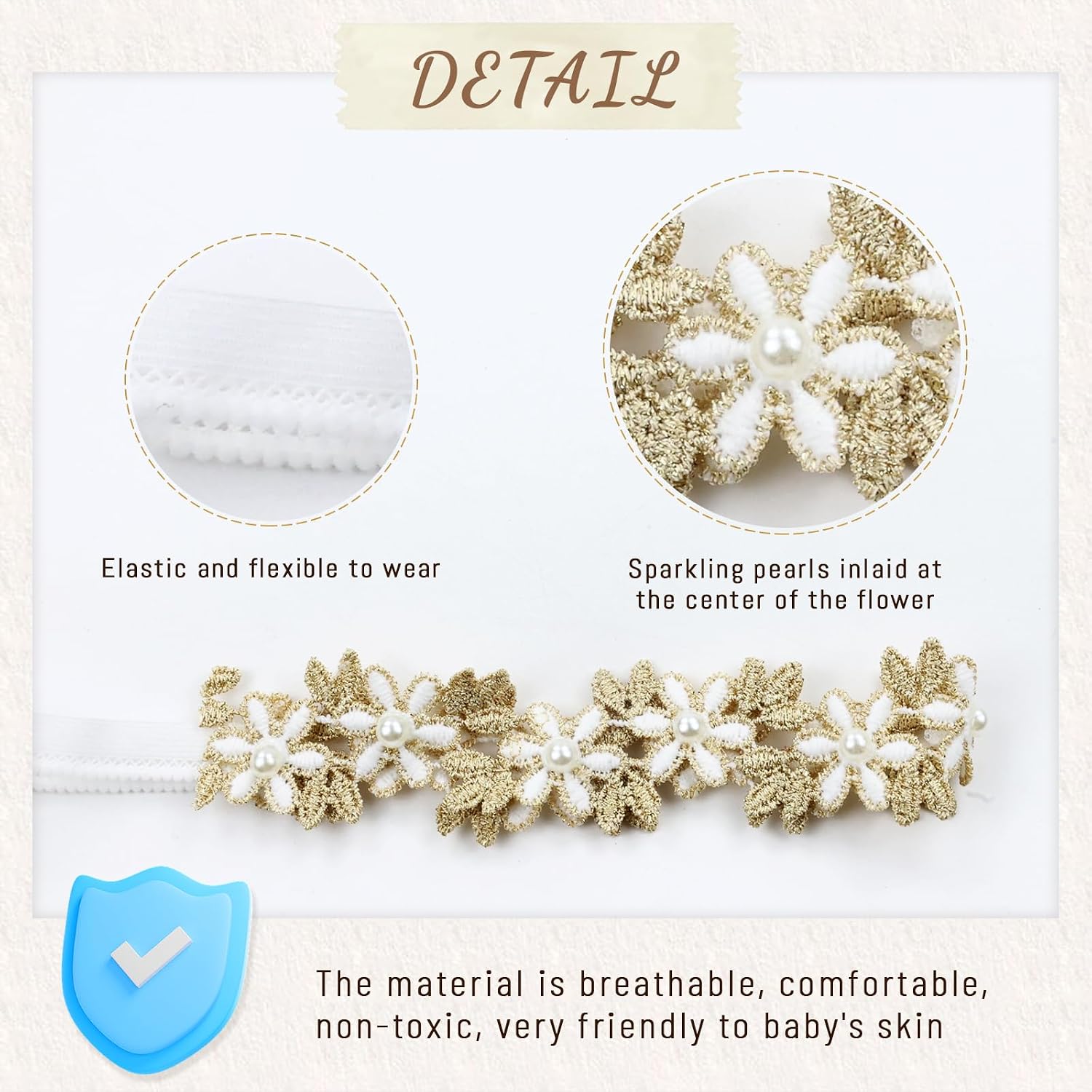 Cinaci 8 Pack Gold Delicate Flower Butterfly Leaf Stretchy Lace Headbands Baby Baptism Shower Christening Photo Props Hair Accessories for Baby Girls Infants Toddlers Kids (Gold-8 Pack)