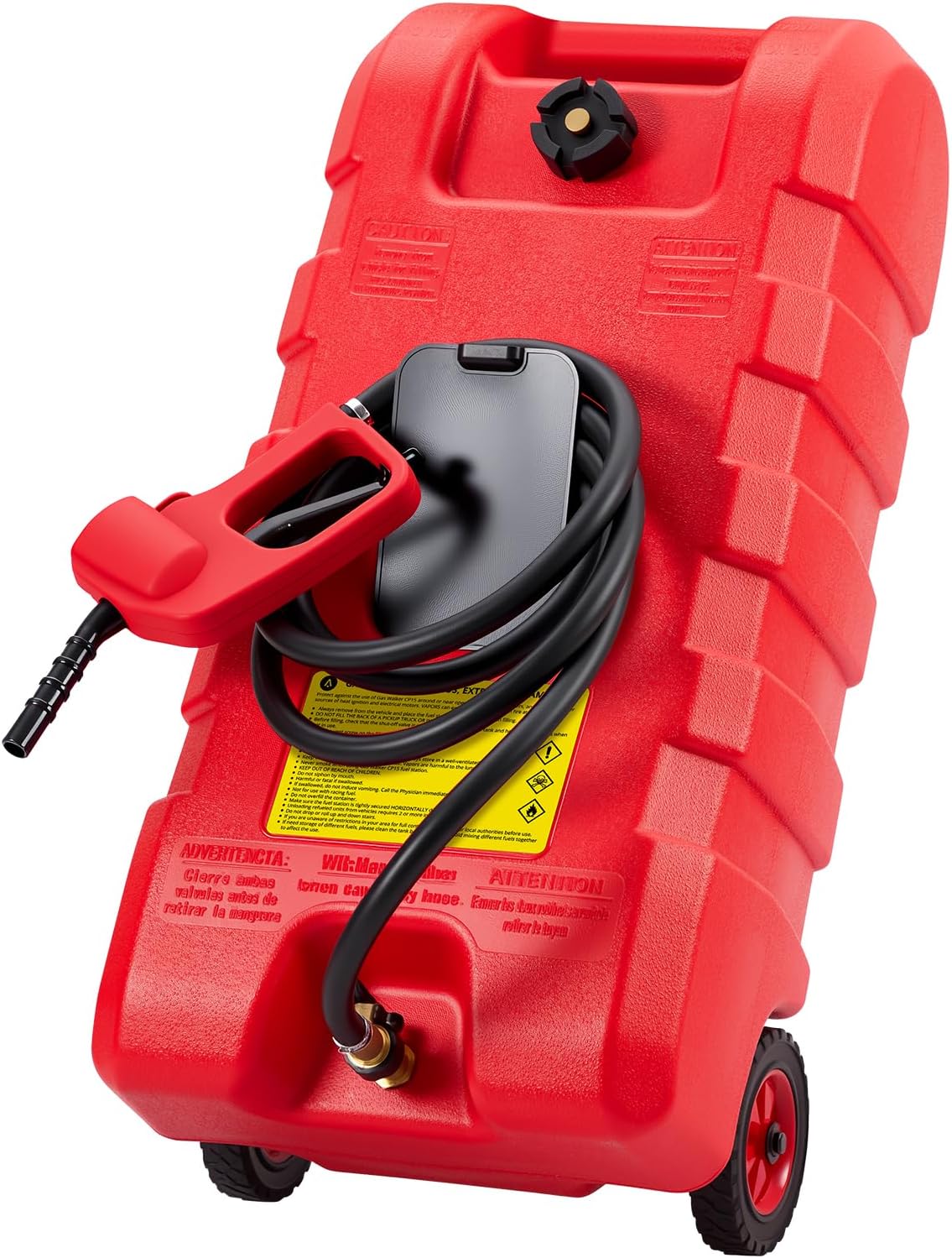15 gal Gas Can with Manual Transfer Pump & 10 ft Hose, Portable Fuel Tank with Wheels & Carry Handle, Leak-Proof Heavy Duty Gas Caddy for Cars, Boats, Lawn Mowers, Red