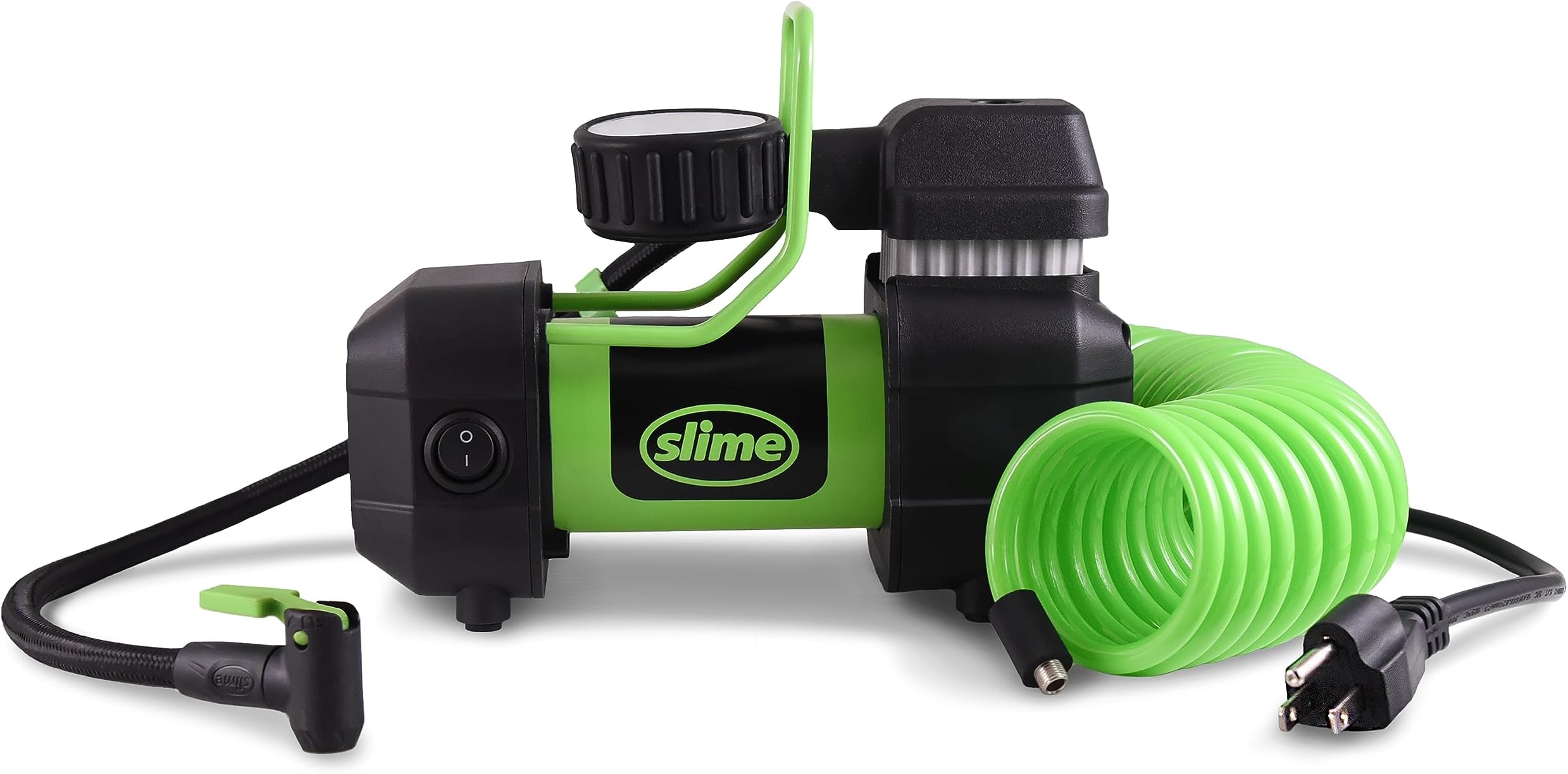 Slime 40045 Home Tire Inflator, Wall Mounted 120V, SUV, 4x4 Air Compressor, Heavy Duty, 2X Pro Power, with Analog 100 psi Dial Gauge, Long Hose and LED Light, 4 min Inflation