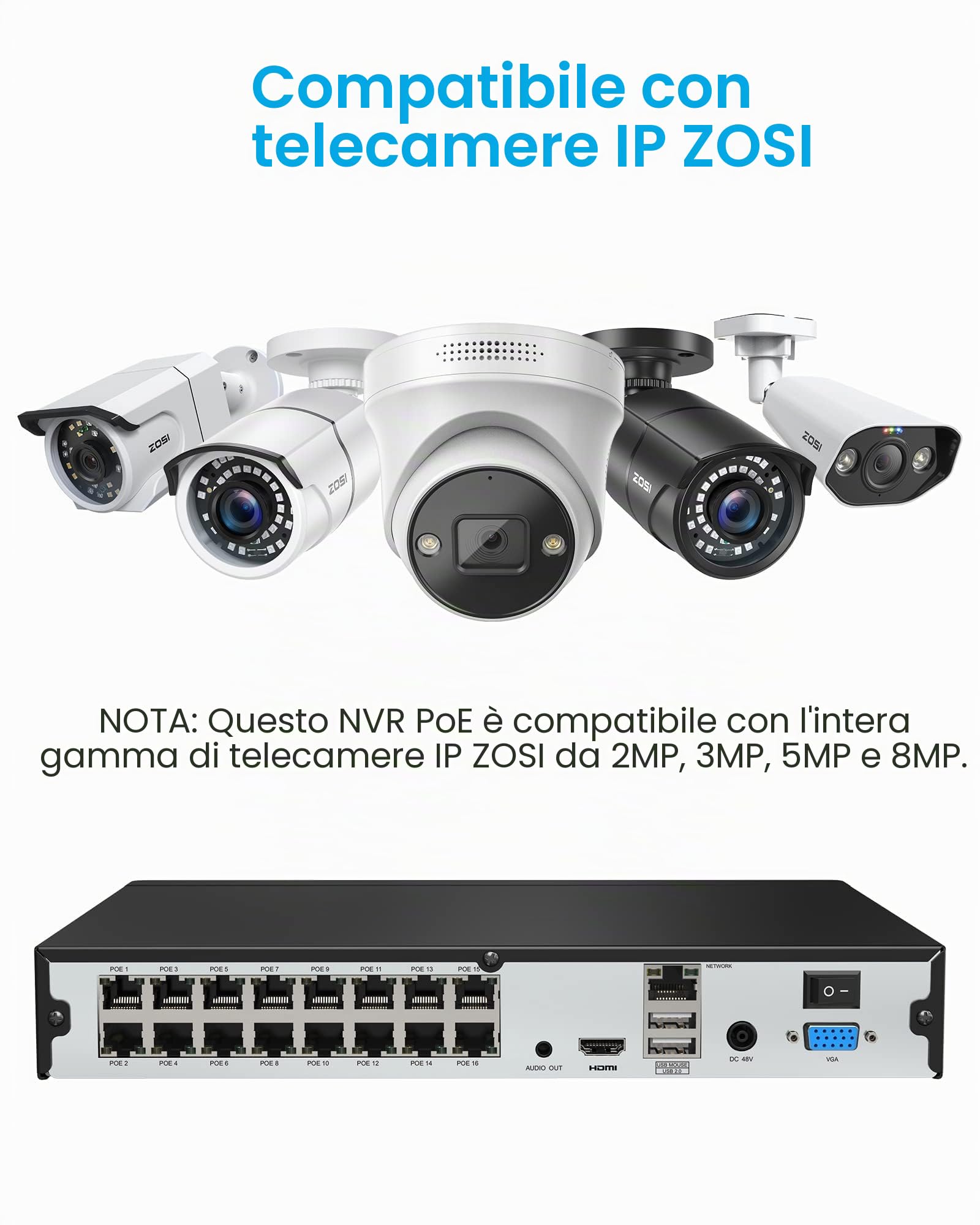 ZOSI 16CH PoE NVR con disco rigido da 4TB Registratore di videosorveglianza per telecamera IP PoE 2MP 5MP 8MP 4K (funziona solo con le telecamere ZOSI)