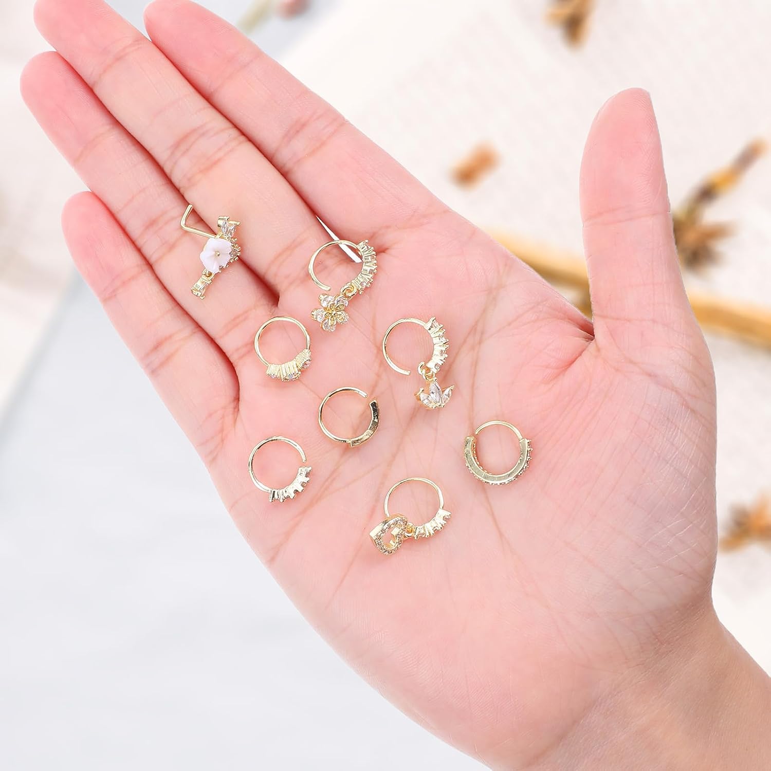15Pcs Dangle Nose Ring 20g Gold L Shaped Dangle Nose Rings and Hoop | Dangly Nose Studs CZ Heart Flower Moon Nose Piercing Jewelry for Women