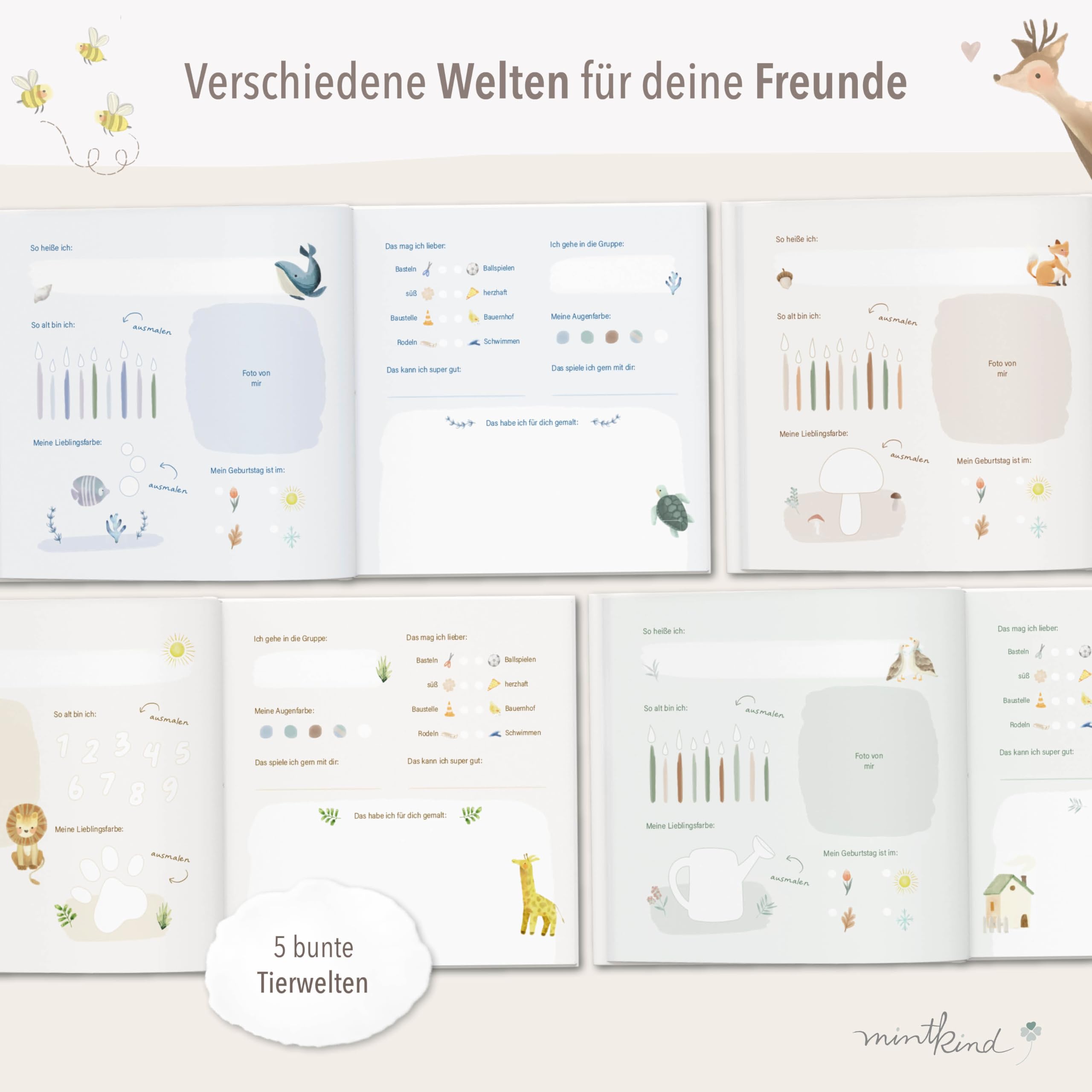 mintkind® Kindergarten Freundebuch Rosa, Freundschaftsbuch zum Ausfüllen, Freundebuch für den Kindergarten Mädchen und Jungen, kinderfreundliche Vorlagen und niedliche Illustrationen