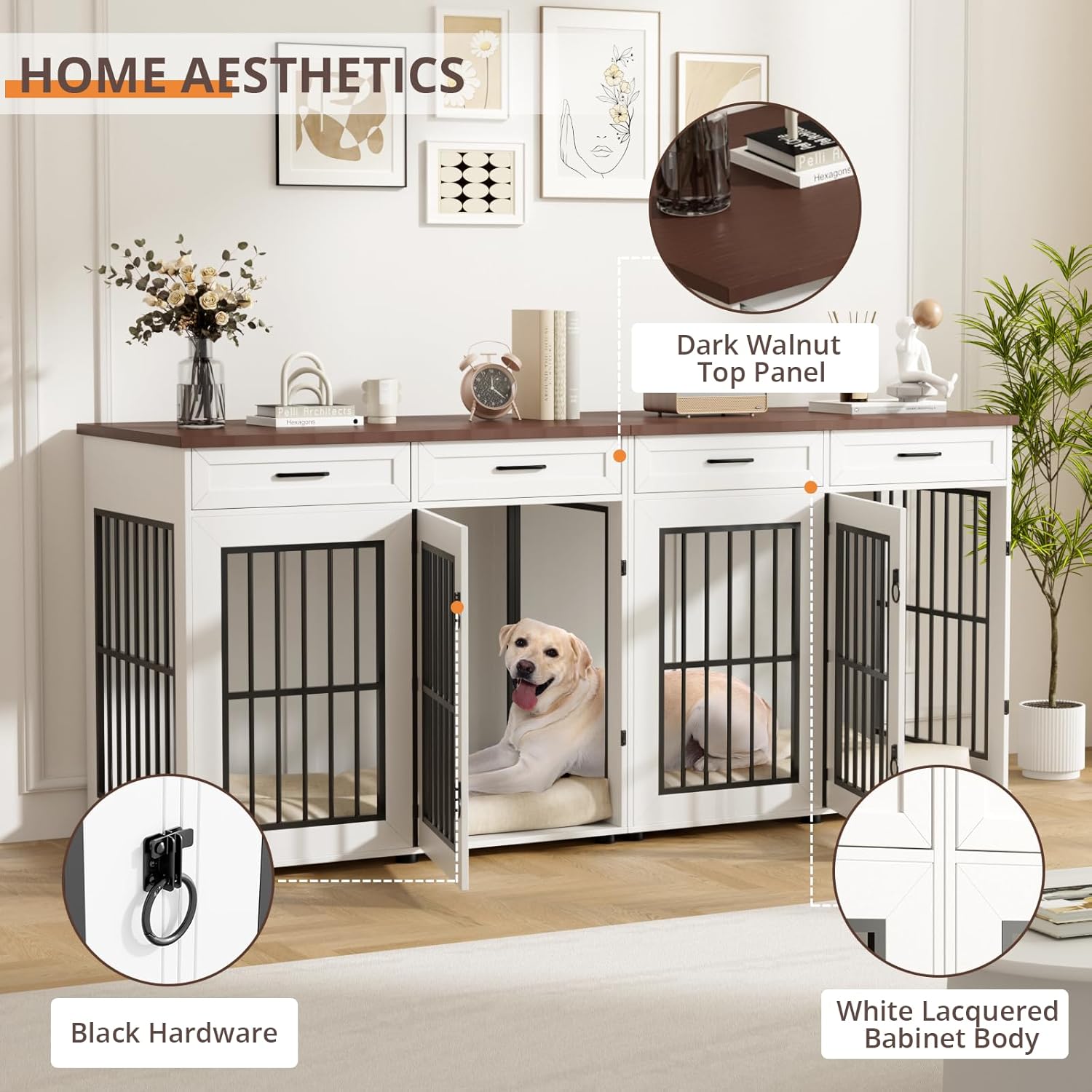 VOWNER 86.7 in Dog Crate Furniture for 2 Dogs, Extra Large Double Dog Cage Furniture TV Stand with Removable Divider, Wooden Dog Kennel Indoor, XXL Thick Dog Crate for Large Medium Dogs, White/Brown