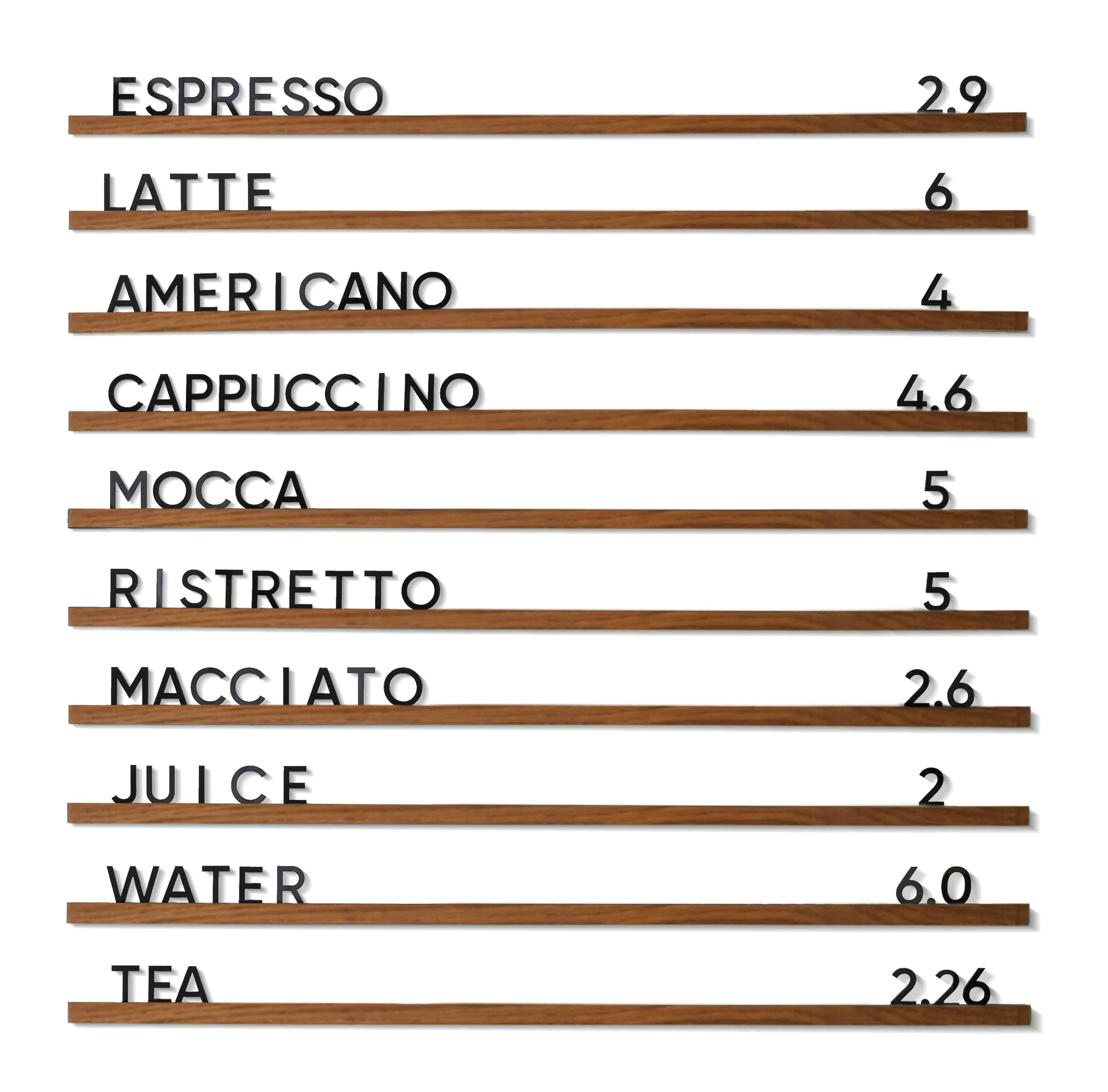Inko Horeca Wooden Wall Menu Board - 10 Brown Oak Rails 400 Black Letters - Changeable Letter Shelf