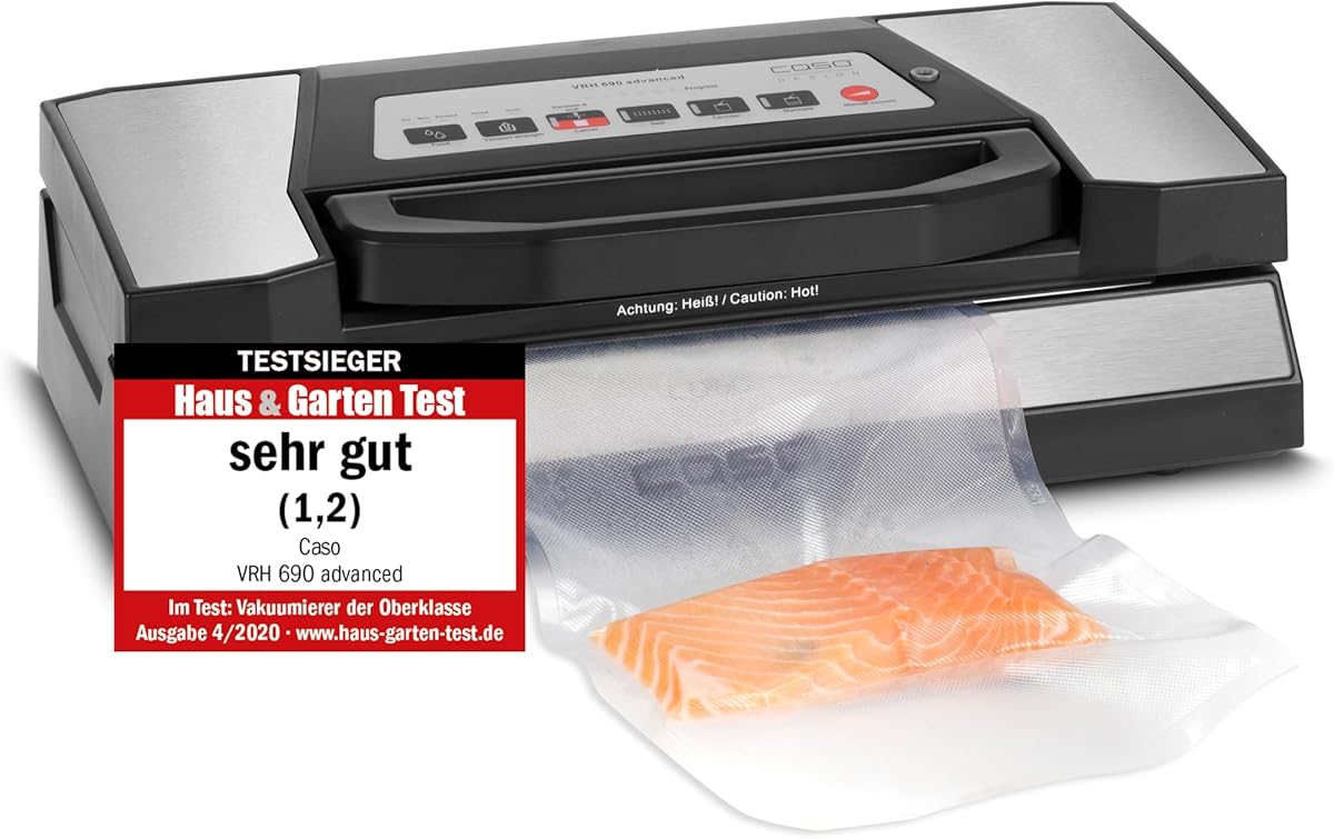 CASO VRH 690 advanced Vakuumierer Testsieger, Vakuumiergerät für Lebensmittel, 150 Vakuumiervorgänge nonstop, doppelte Schweißnaht, 20 Liter/Min, Cutter, inkl. 2 Profi- Folienrollen