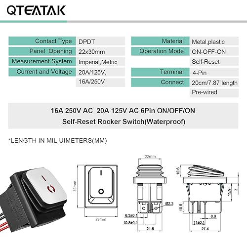 Miniatura 4 de QTEATAK Interruptores DPST ACDC 20A-125V, 16A-250V, 30A-24V, 35A-12V, IP66 impermeable de encendido y apagado, relleno de pegamento impermeable,