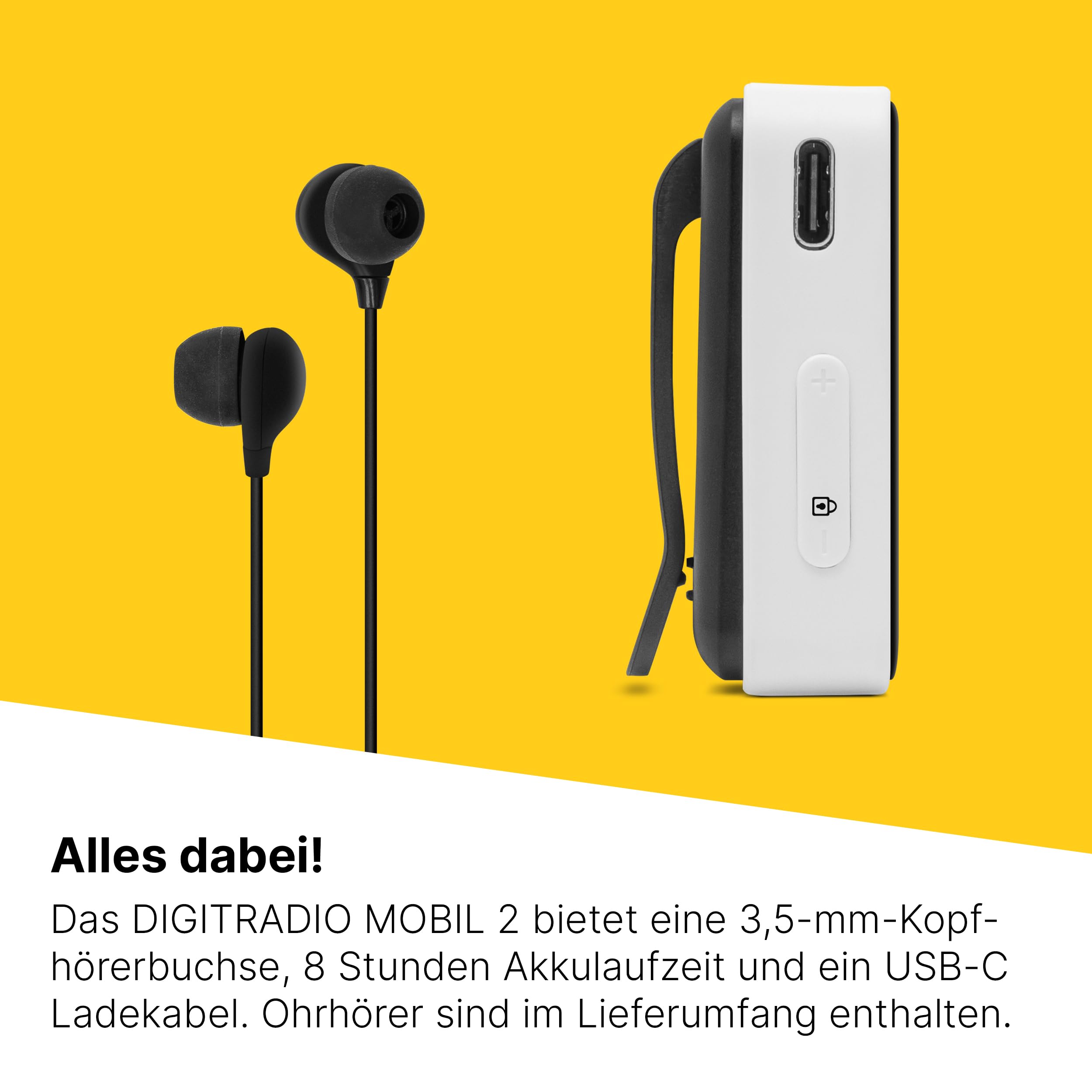 TechniSat Digitradio móvil 2: mini radio portátil DAB+/FM con batería integrada (radio de bolsillo recargable, auriculares, pantalla OLED, memoria favorita) negro/blanco