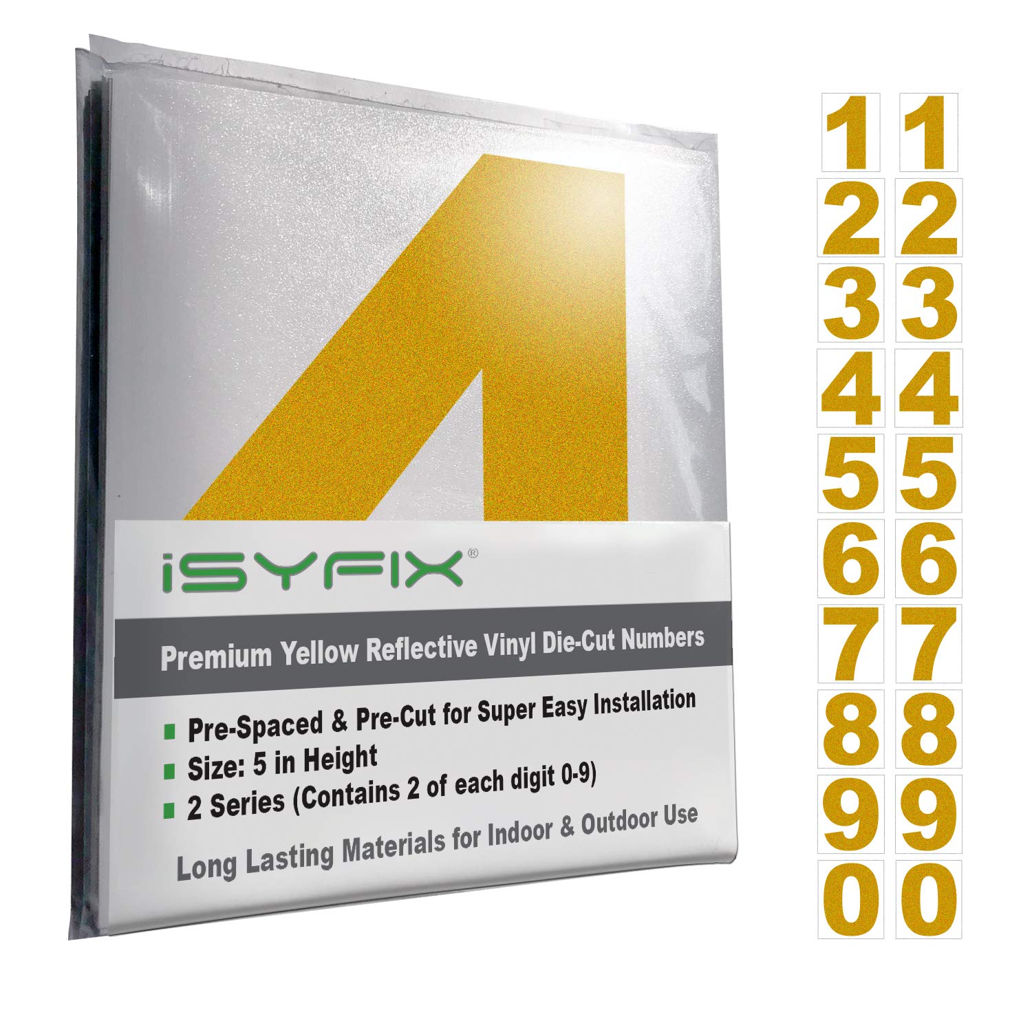 iSYFIX Calcomanías reflectantes de vinilo amarillas, autoadhesivas de 12,7 cm (2 juegos) – Calcomanía premium troquelada y preespaciada para buzón, carteles, ventanas, puertas, coches, camiones