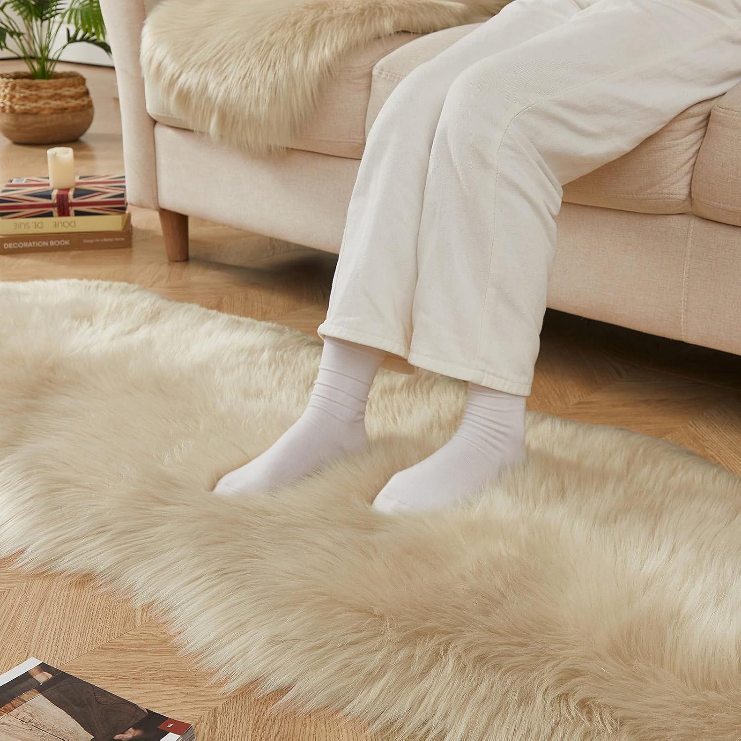 AMTOVO Faux Sheepskin Rug, Beige Ultra Soft Fluffy Shag Area Rug, 2 x 6 ft Faux Fur Rug for Bedroom Sofa Throw Cushion Room Decor, Sheepskin - Image 8