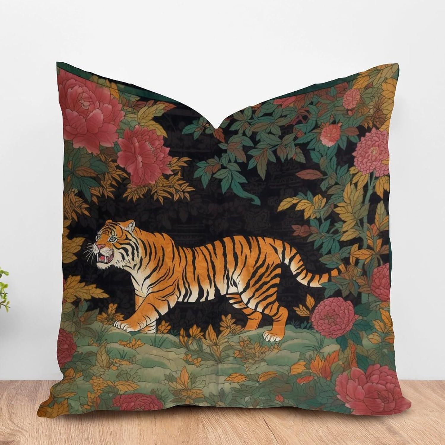 ArogGeld Japanese Asian Style Cushion Cover Animal Tiger Stripe Pink Floral Throw Pillow Colorful Flower Animal Print Tiger Check Pillow Farmhouse Decor for Chair Sofa 26x26in Velvet