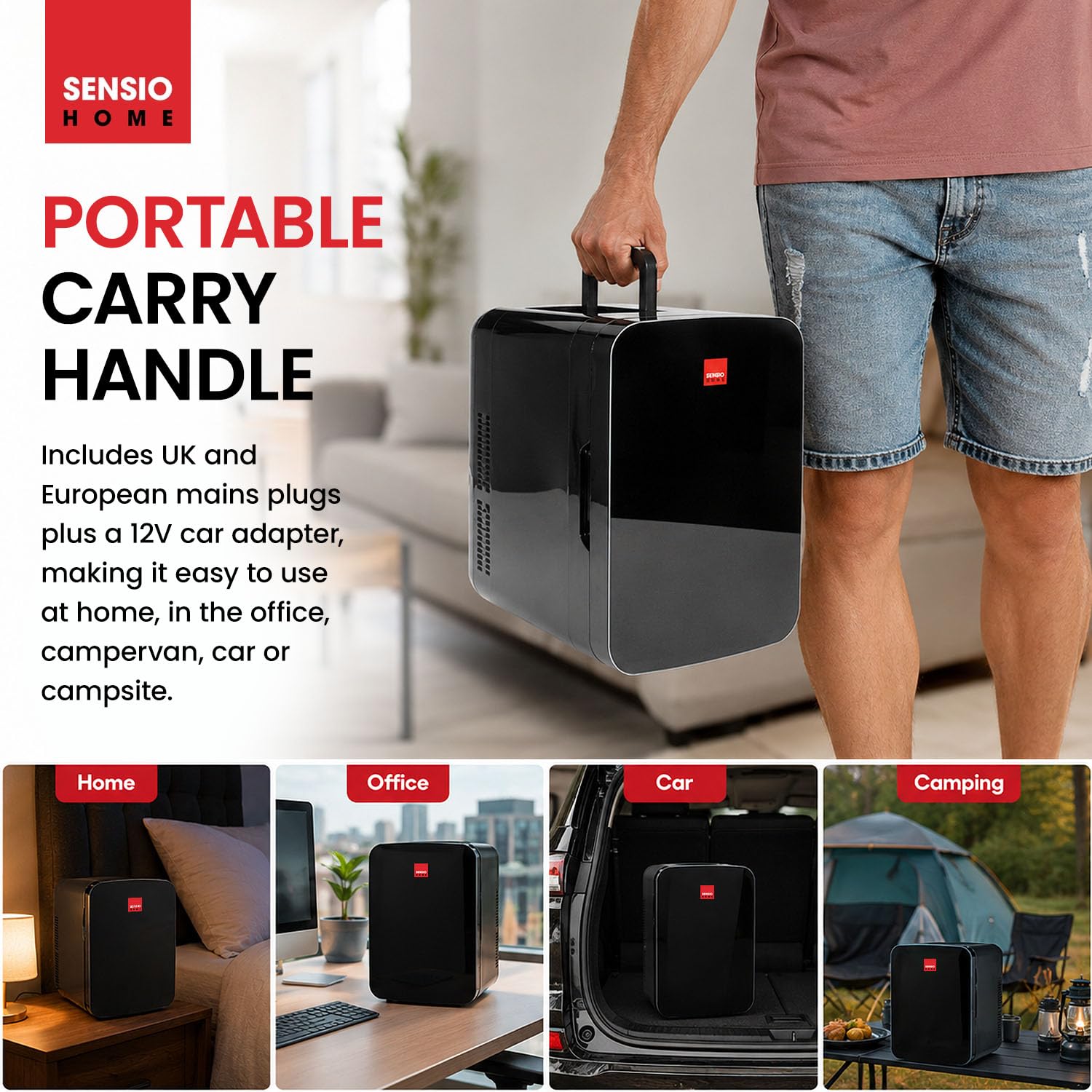 SENSIOHOME 2-in-1 10L Mini Kühlschrank, mit Kühl- und Heizen funktion, 12 Volt und 230 Volt, Autos, Schlafzimmer, Büros, Zelten, Kosmetik, AC DC (Schwarz)