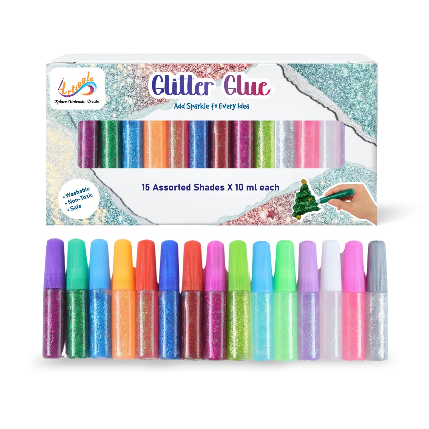 Glitter Glue Set 15 Shades x 10ml, Sparkle Craft Glue for Kids. | Best Multi-Surface Craft Glue for Lippan Art, Fabric, DIY Decoration | Non-Toxic Art & Craft Supplies for Kids & Artists-image-49