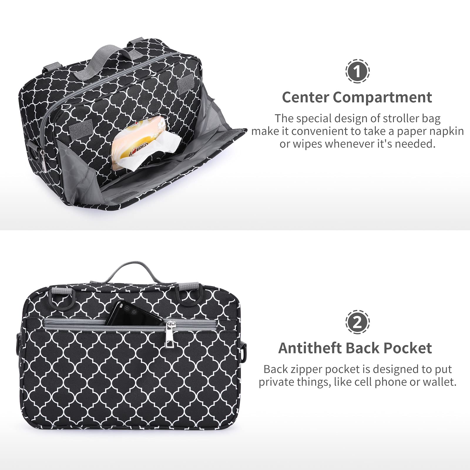 Kinderwagen-Organizer-Tasche, Zubehör mit isolierter Flaschentasche, Reinigungstaschen, Caddy Eltern-Konsole, passend für alle Kinderwagen, Schwarz