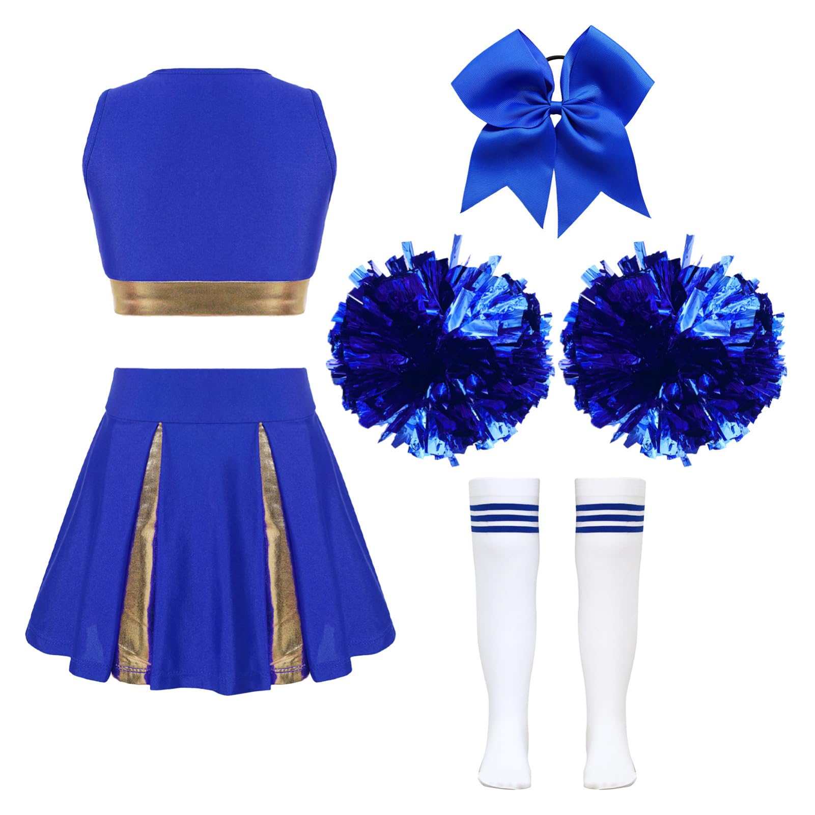 IEFIEL Cheerleading Pompons Fille Pom-Pom Girls Pompoms Haut Jupe Chaussettes Danse Sports Enfant Ensemble Uniforme Scolaire Halloween Fête Performance