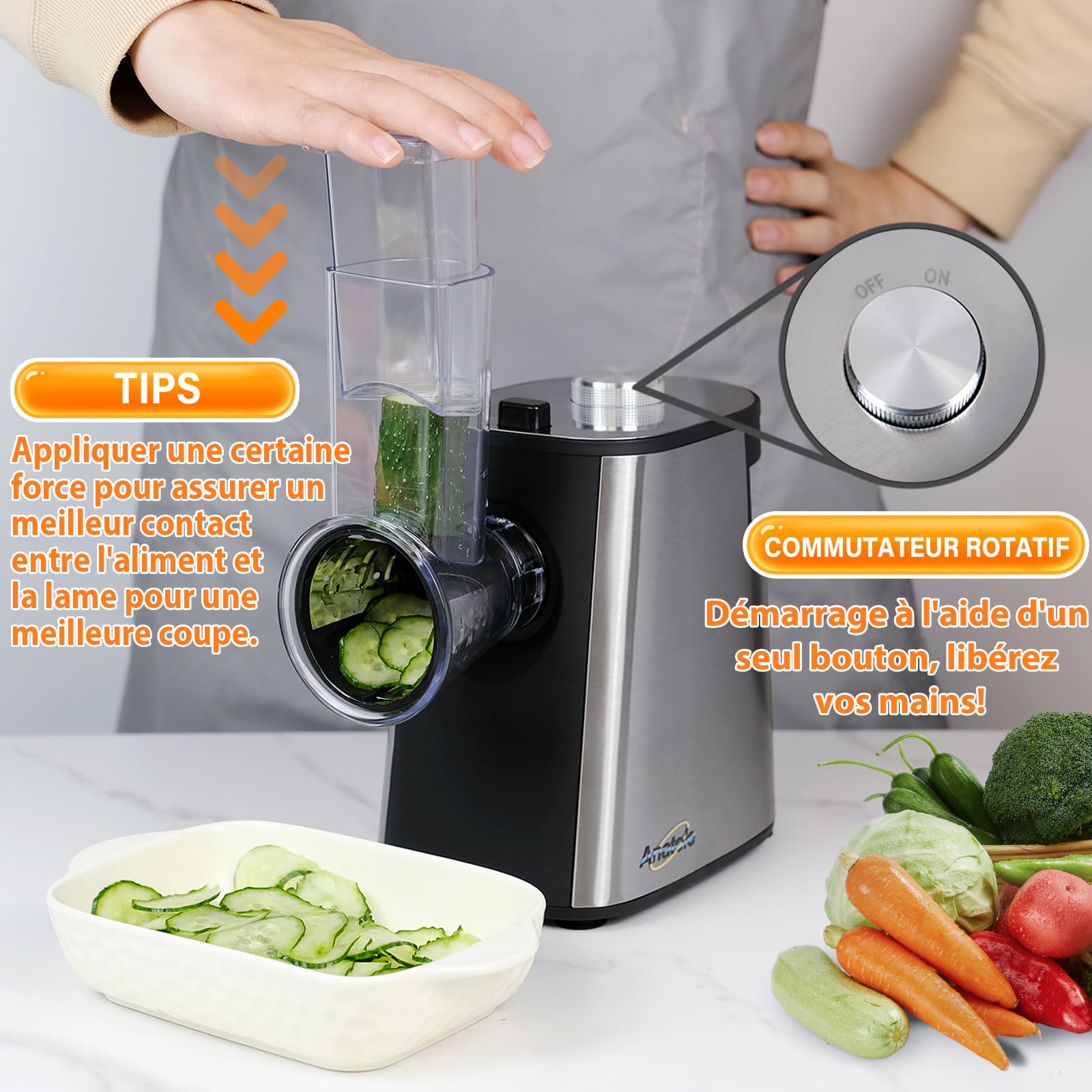 Anatole Coupe Légumes Électrique Rape à Fromage Acier Inox 250W Trancheuse de Légumes Professionnel Rapeuse Carotte Multifonctions Spiraliseur de Cuisine avec 5 Lames 220V Fiche UE