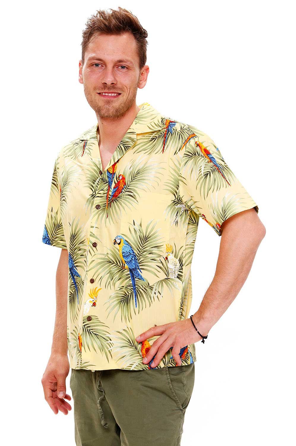KY‘s | Original Camicia Hawaiana | Signori | S - 6XL | Maniche Corte | Tasca Frontale | Hawaii Stampa | Pappagallo | giallo