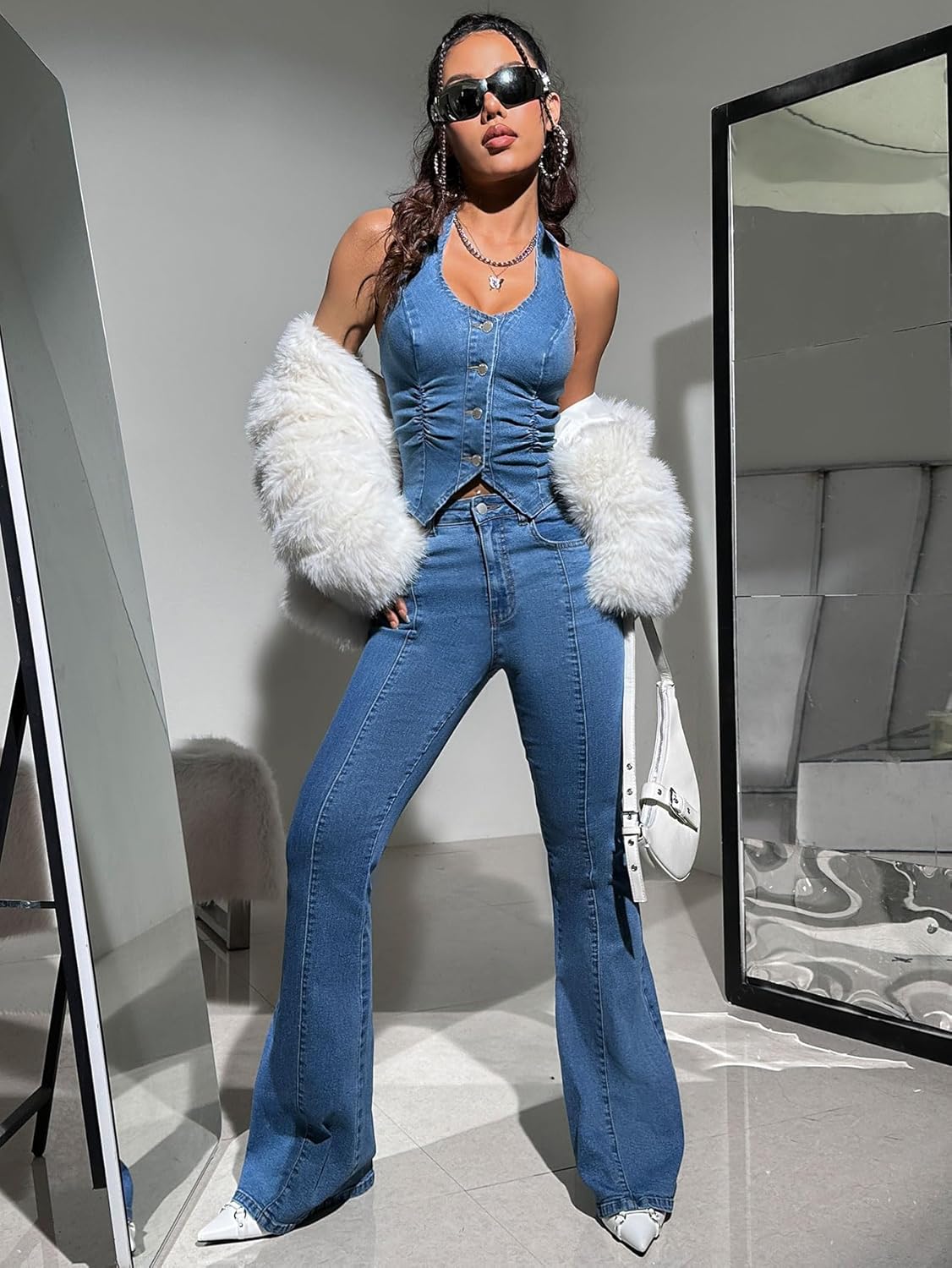 Floerns Women's Sleeveless Button Up Denim Halter Tops Ruched Asymmetrical Hem Tank Tops - Image 6