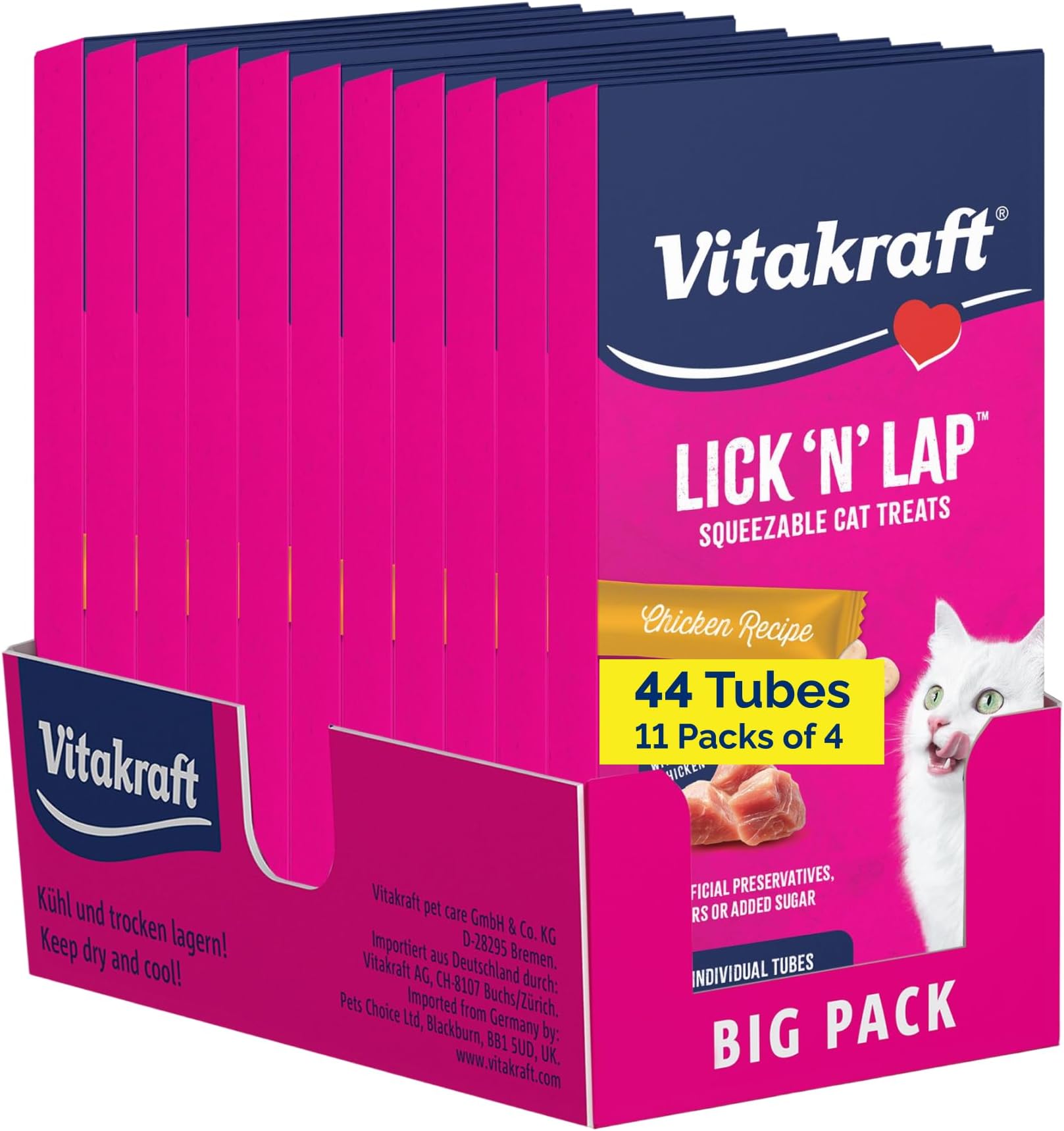 Vitakraft Lick 'N' Lap Real Chicken Squeezeable Liquid Cat Treats, Lickable, Chicken Broth #1 Ingredient, No Artificial Colors, Preservatives or Added Sugar, for Hydration, 0.52 oz. Tubes, 44 Count