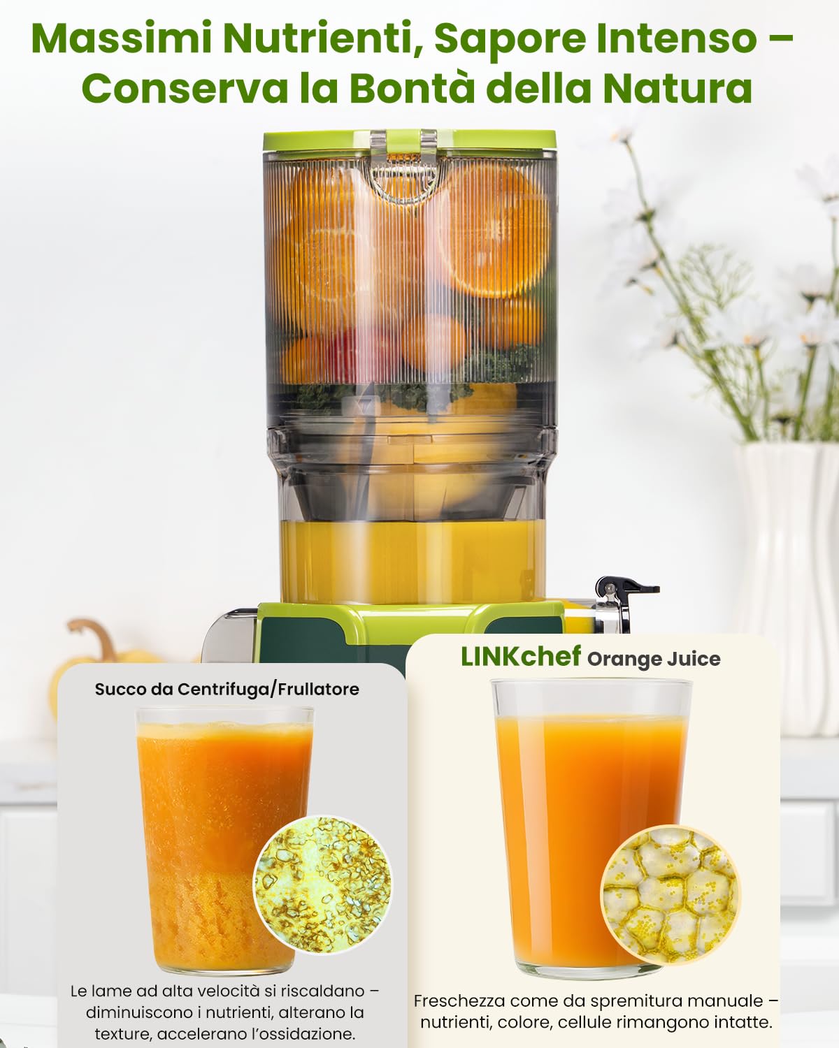 LINKChef Estrattore di Succo a Freddo | 200W Estrattore Frutta e Verdura Intera | Bocca Larga da 115mm | Con Ricettario Incluso | Senza BPA | Facile da Pulire con Funzione Inversa | Verde