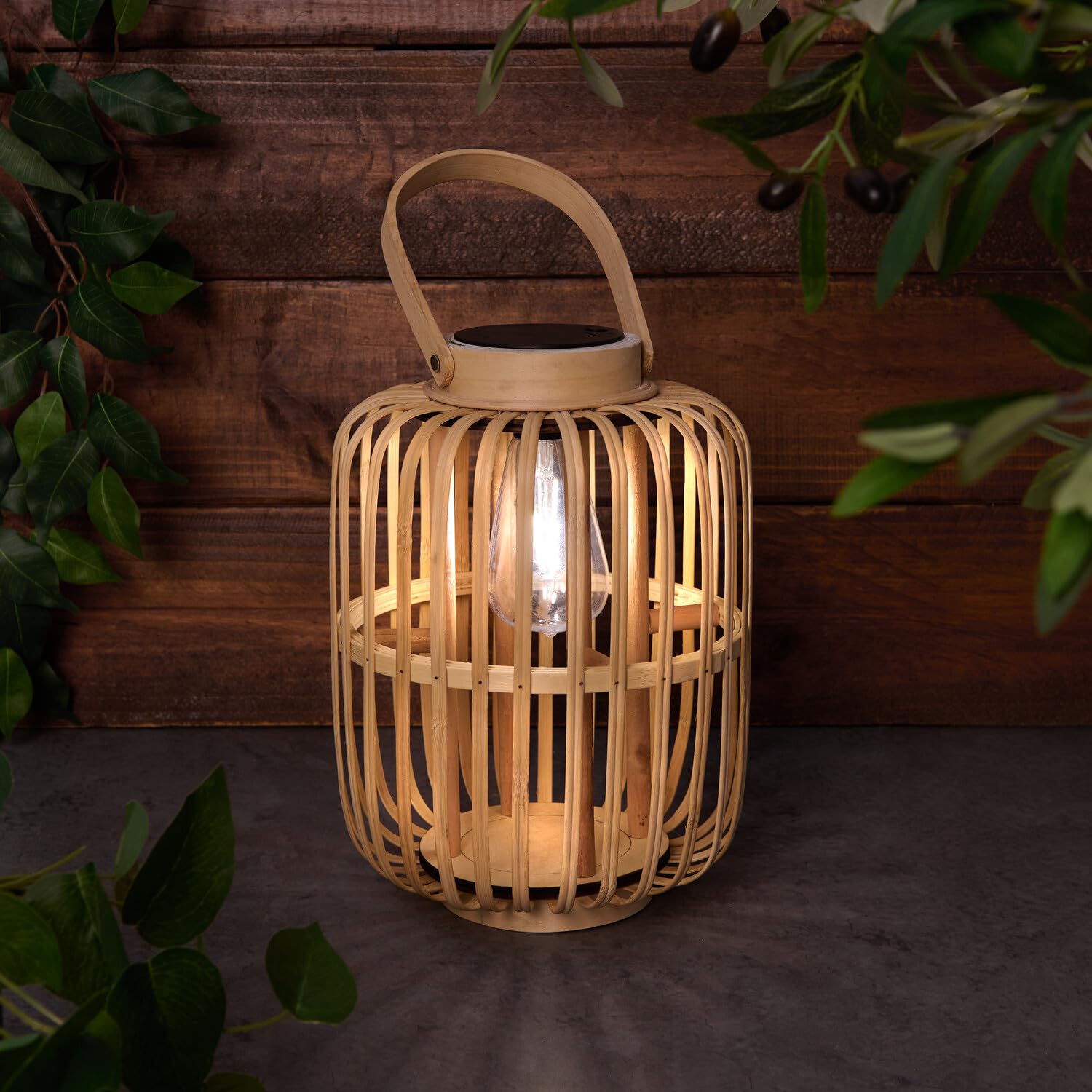 Solar Powered Cage Lantern Outdoor Solar Garden Outdoor Lantern Cordless, Wooden Effect Lantern Balcony Light, Warm White Casting Shadow Garden Hanging Lantern with Cool White