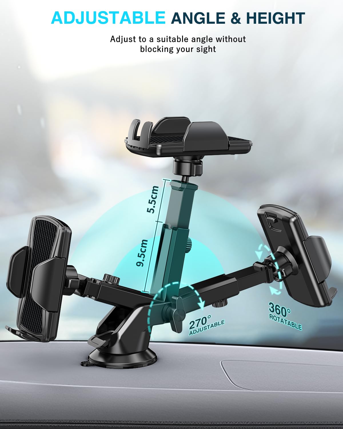 Hoppac Support Telephone Voiture, Porte Téléphone Voiture Tableau de Bord et Voiture Pare-Brise, 360 Degrés Rotation, Un Bouton de Libération, pour 4-7 in Smartphone