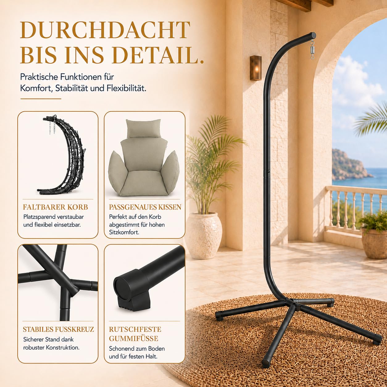 Hängesessel mit Gestell höhenverstellbar Indoor & Outdoor inkl. Kissen - Korbhängesessel bis 150 kg Garten Schaukel aus Polyrattan faltbar ergonomisch - Wohnzimmer Balkon Terrasse in Grün/Grau