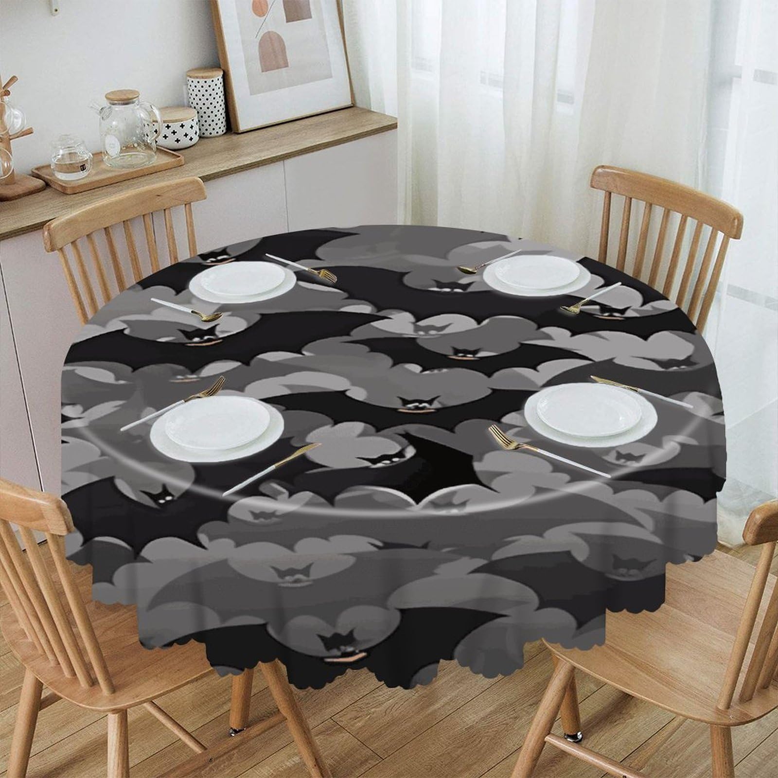 Btcowzrv Style Halloween Bats Grey Polyester Round Tablecloth 59.84 Inch, Decorative Washable Table Cover, Table Cloth For Restaurant Picnic Indoor And Outdoor Dining