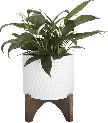 Maceta de cerámica LA JOLIE MUSE con soporte de madera - Maceta de flores de cilindro blanco de 8.0 pulgadas con relieves de patrón de clavos para