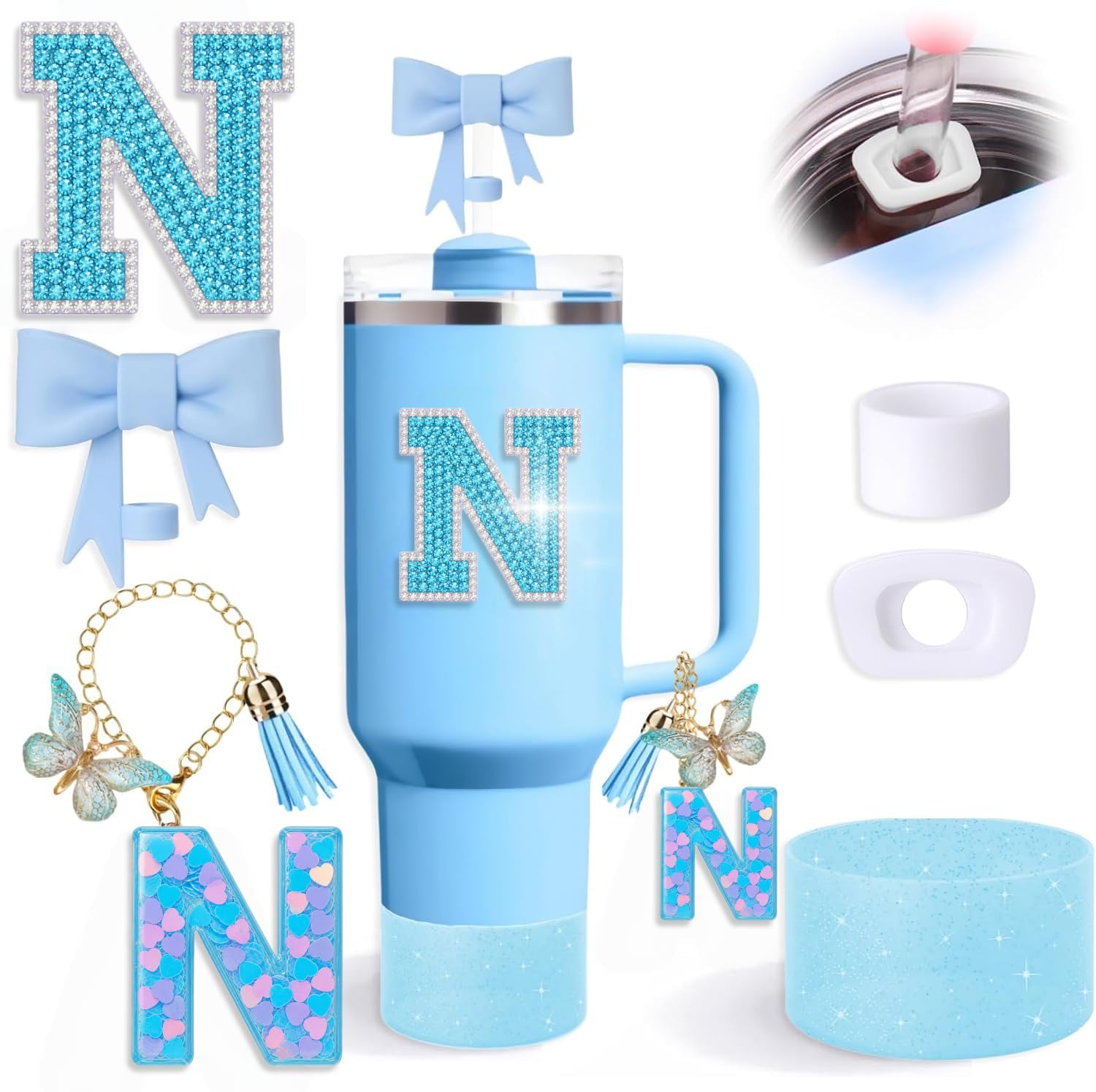 6pcs Blue Stanley Cup Accessories Set, Bow Straw Topper for Stanley Cup 30oz 40oz, Including Straw Topper and Sparkly Silicone Boot, Stoppers Spill