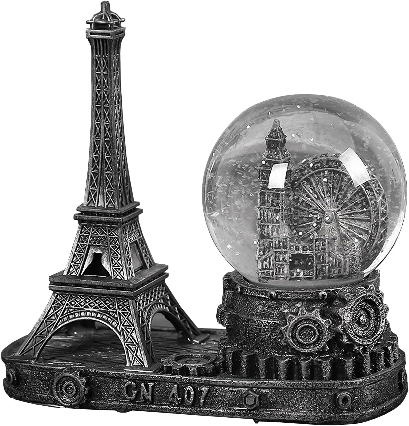 Eiffel Tower Snow Globe LED Music Crystal London Eye Ferris Wheel Home Decoration for Living Room Bedroom Book Shelf TV Cabinet Desktop Decor Statue Figurine Table Centerpieces Ornaments (B, Silver)