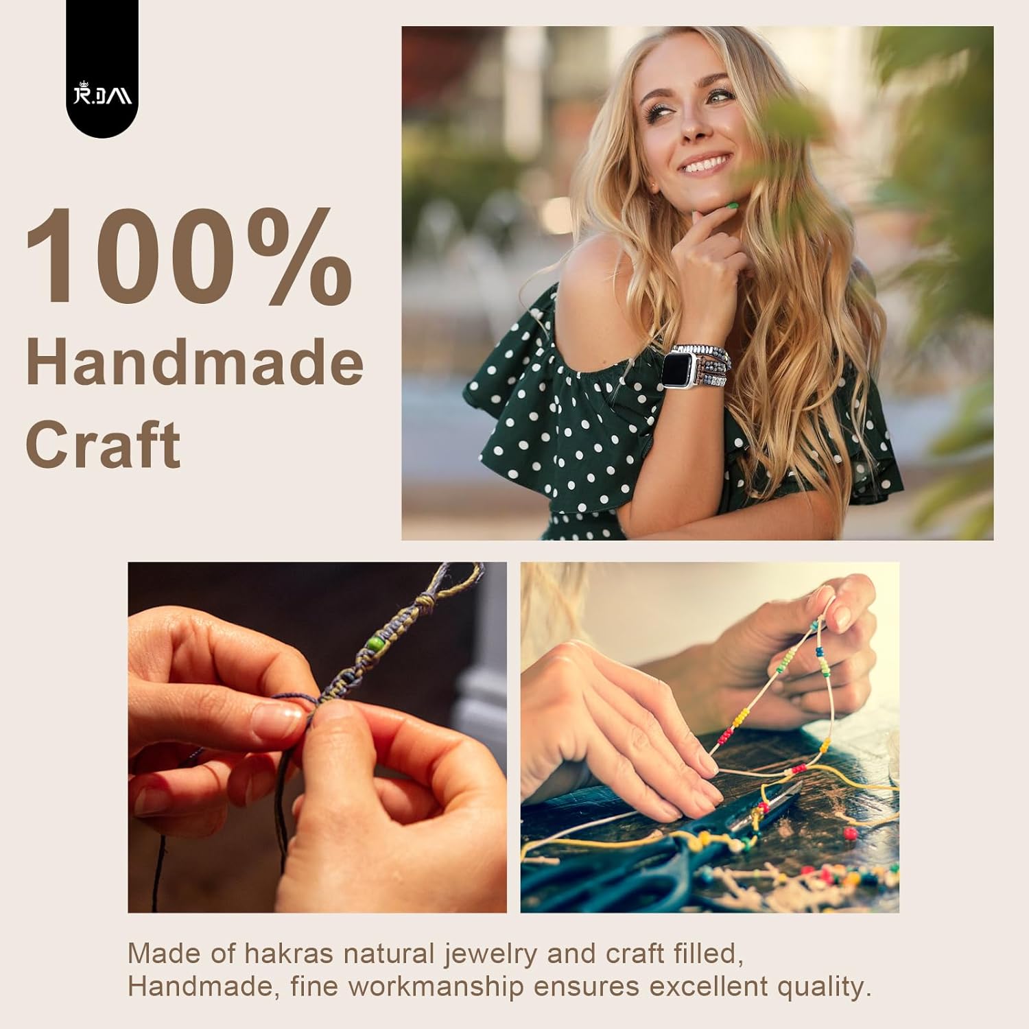 JR.DM Boho Beaded Band Women Compatible with Apple Watch 42mm(S3/2/1)/44/45/46/49mm Tibetan Silver Stone Bracelet Adjustable Handmade Braided Strap for iWatch Series 11/10/9/8/7/6/5/4/SE 3/2/1/Ultra