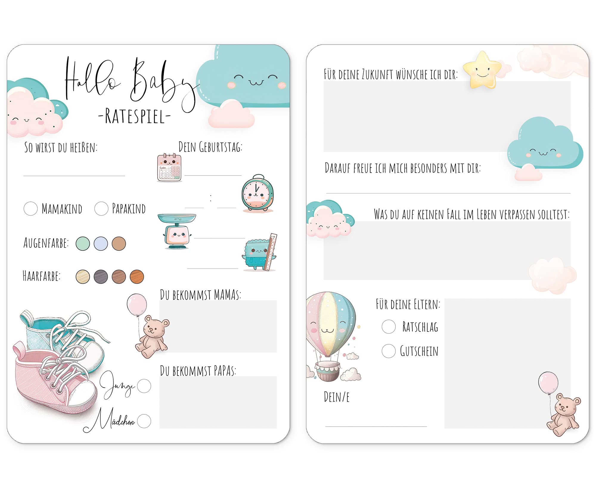 beriluDesign Baby Shower Game - 25 Cards to Fill In - Baby Shower Guessing Game in Neutral Design