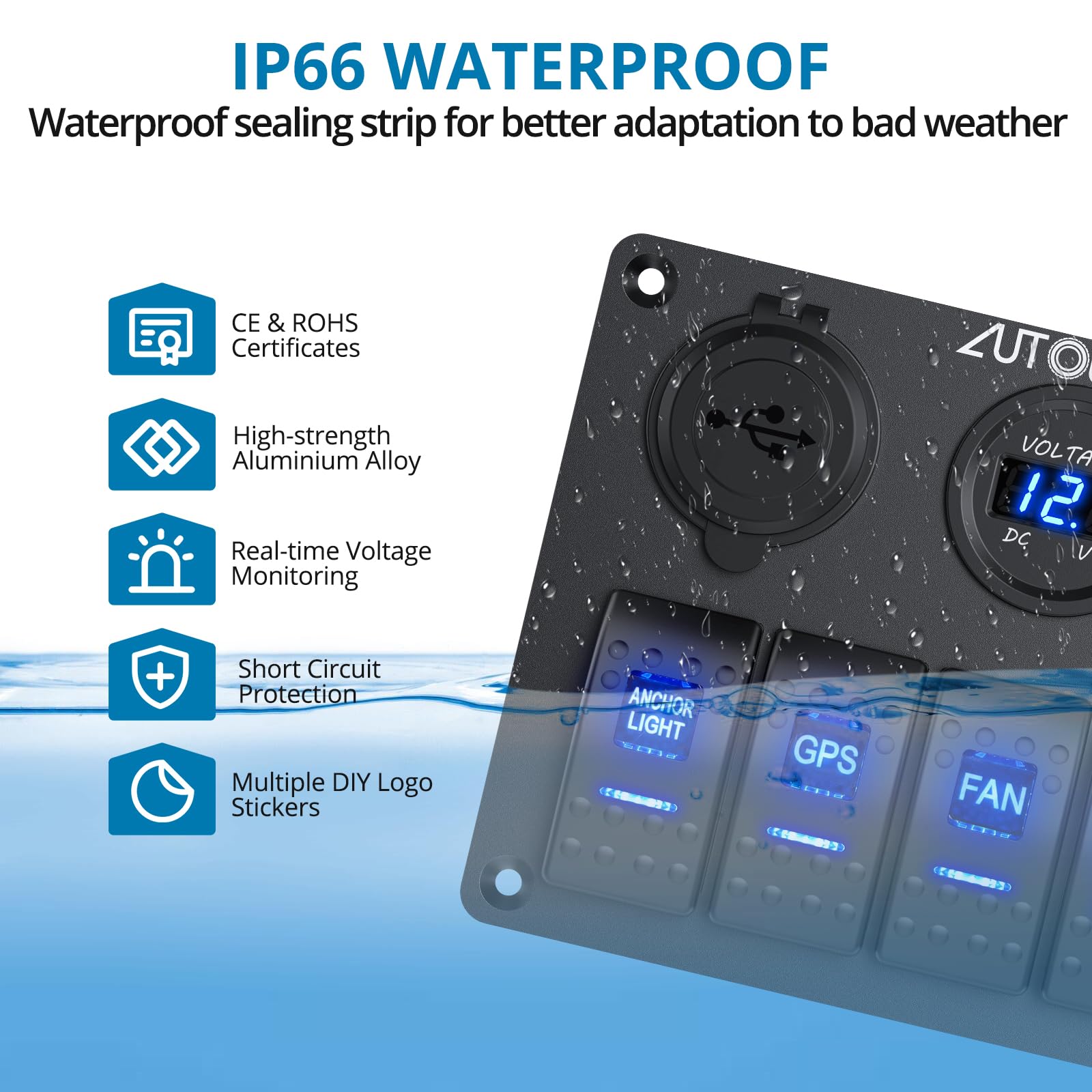 AUTOUTLET Panel przełączników 5-biegunowy, 12 V/24 V, przełącznik dźwigienkowy, IP66, wodoszczelna, podwójna ładowarka USB, woltomierz LED, zapalniczka z naklejką świetlną, do samochodów, łodzi, łodzi