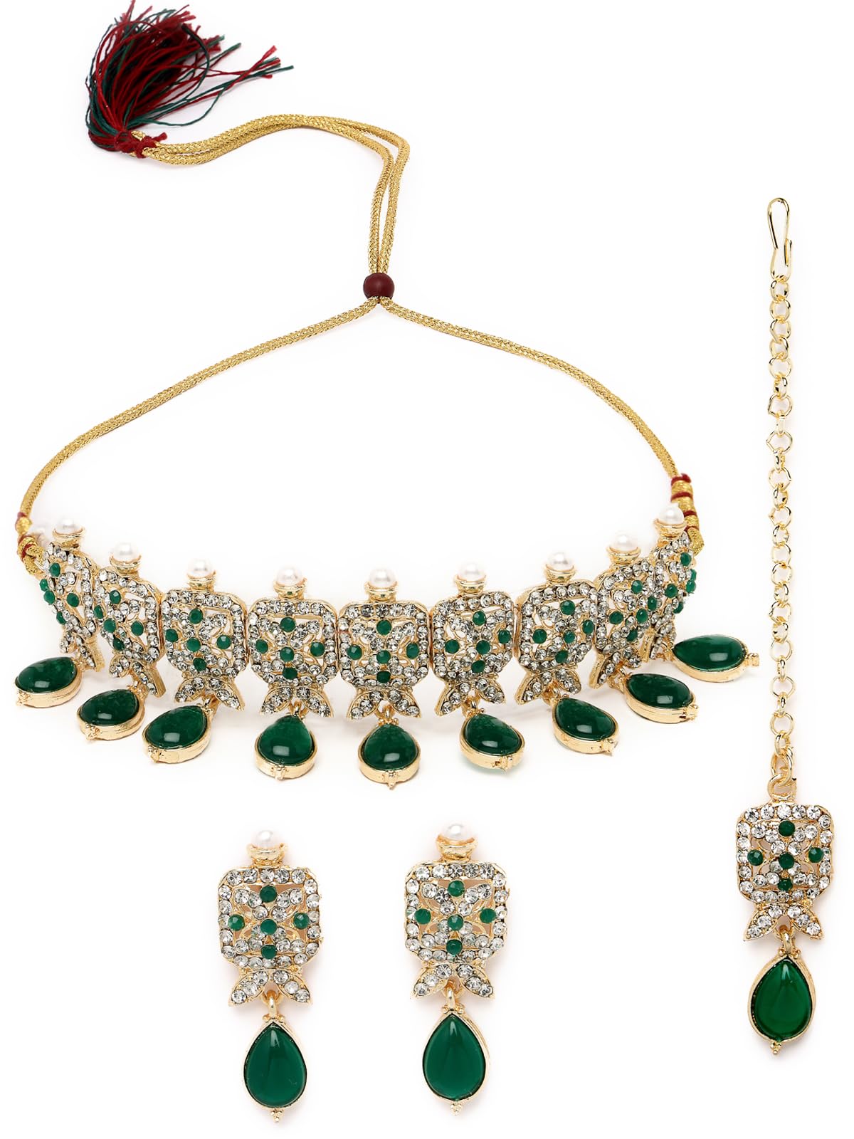 Sukkhi Antique Gold Plated Green AD Stones & Beads Choker Necklace Set With Earring And Maangtika | Jewellery Set For Women (NS105562) (B0CBB7TR5P) Amazon Price History, Amazon Price Tracker