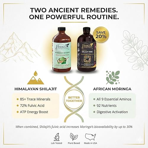 Miniatura 3 de Herbal Connections Shilajit & Moringa Bitters Bundle  Ácido fúlvico del Himalaya + superalimento africano  Energía, desintoxicación y apoyo
