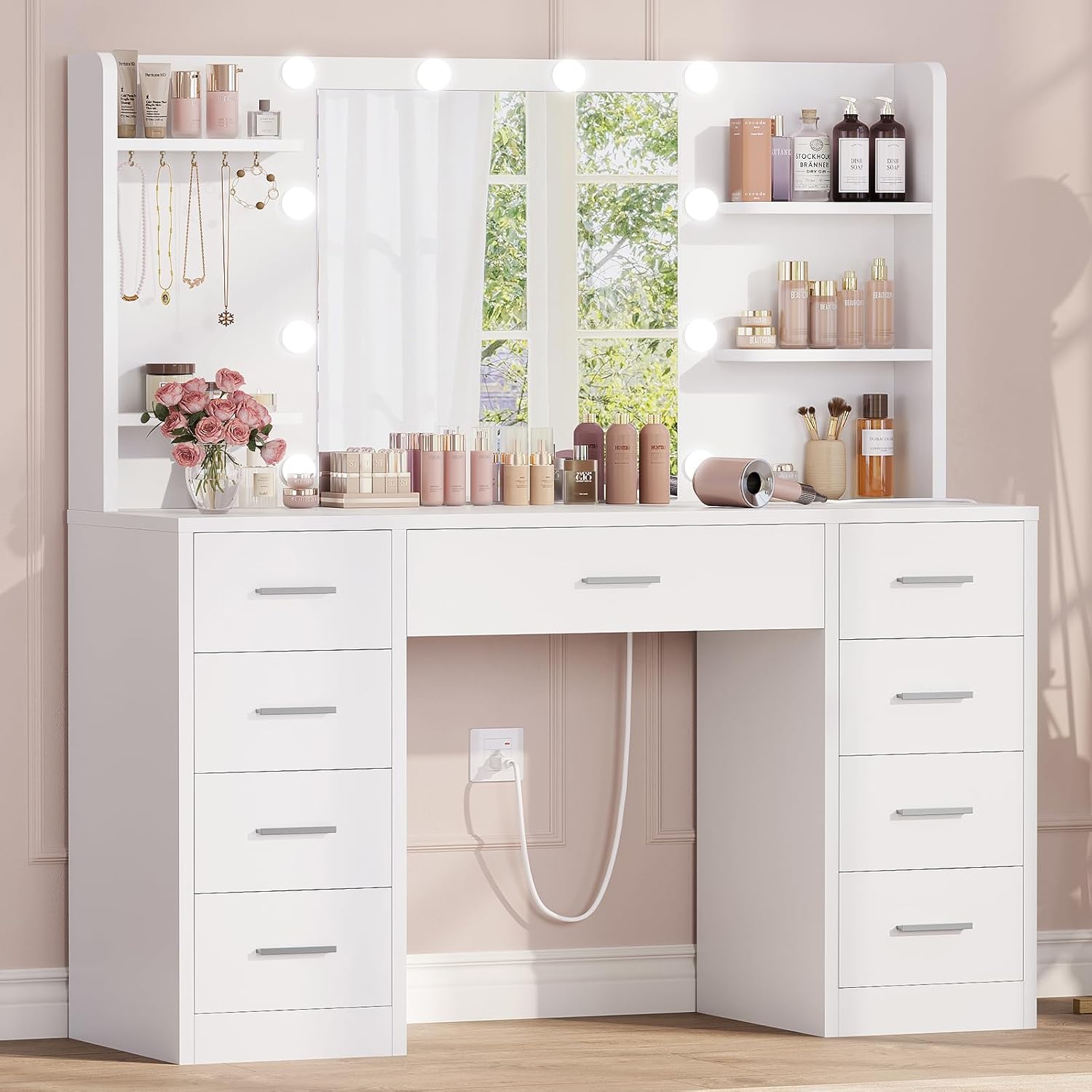 FIONESO Vanity Desk with Mirror and Lights, Makeup Vanity with 9 Drawers, 4 Shelves & 5 Jewel Hooks, White Vanity with Outlet & 3-Color Dimmable LED, Dressing Table for Women, Bedroom, White
