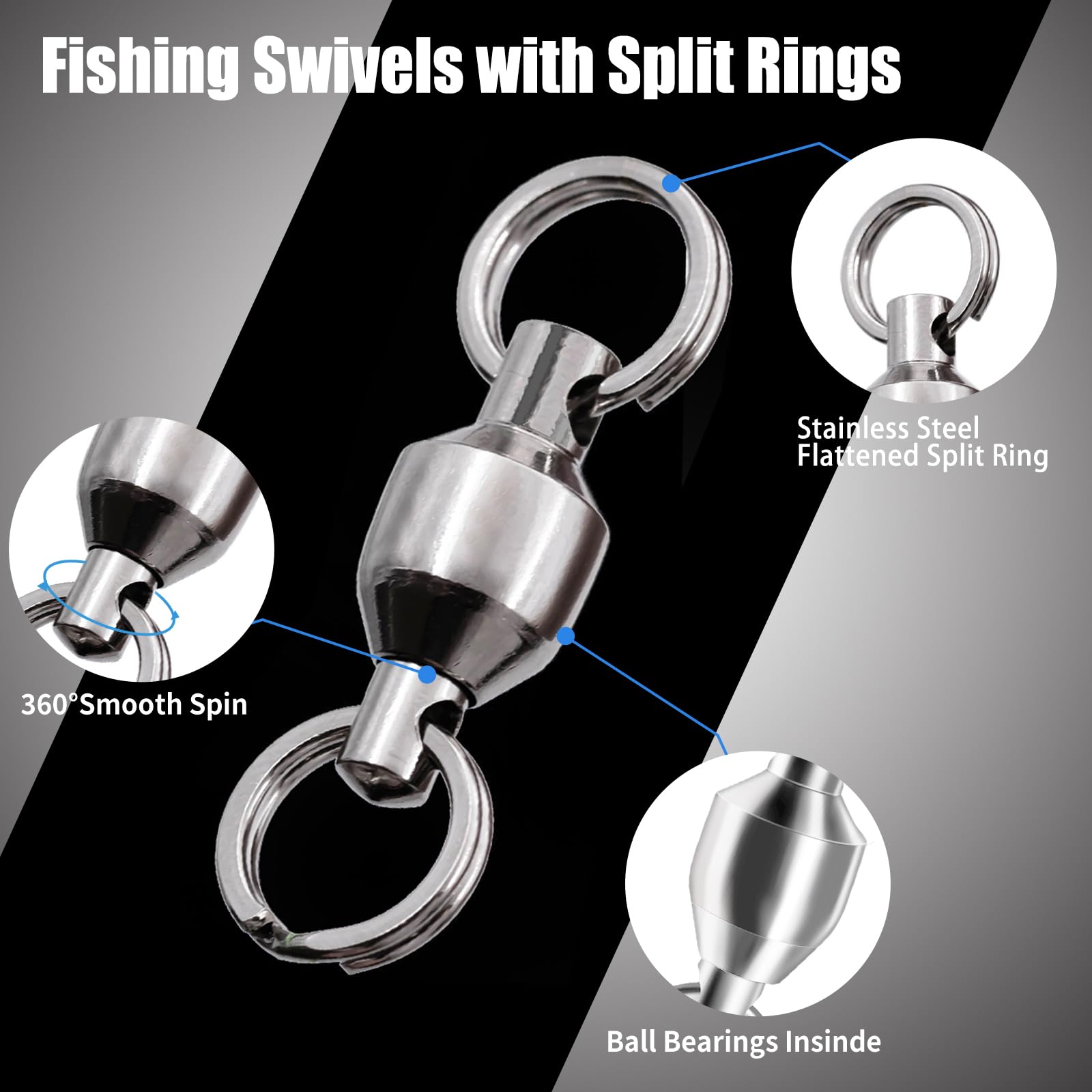 FishTrip Fishing Swivels with Split Rings, 25pcs Ball Bearing Swivel Speed Clips Stainless Quick Change Connector for Saltwater (Size 0)