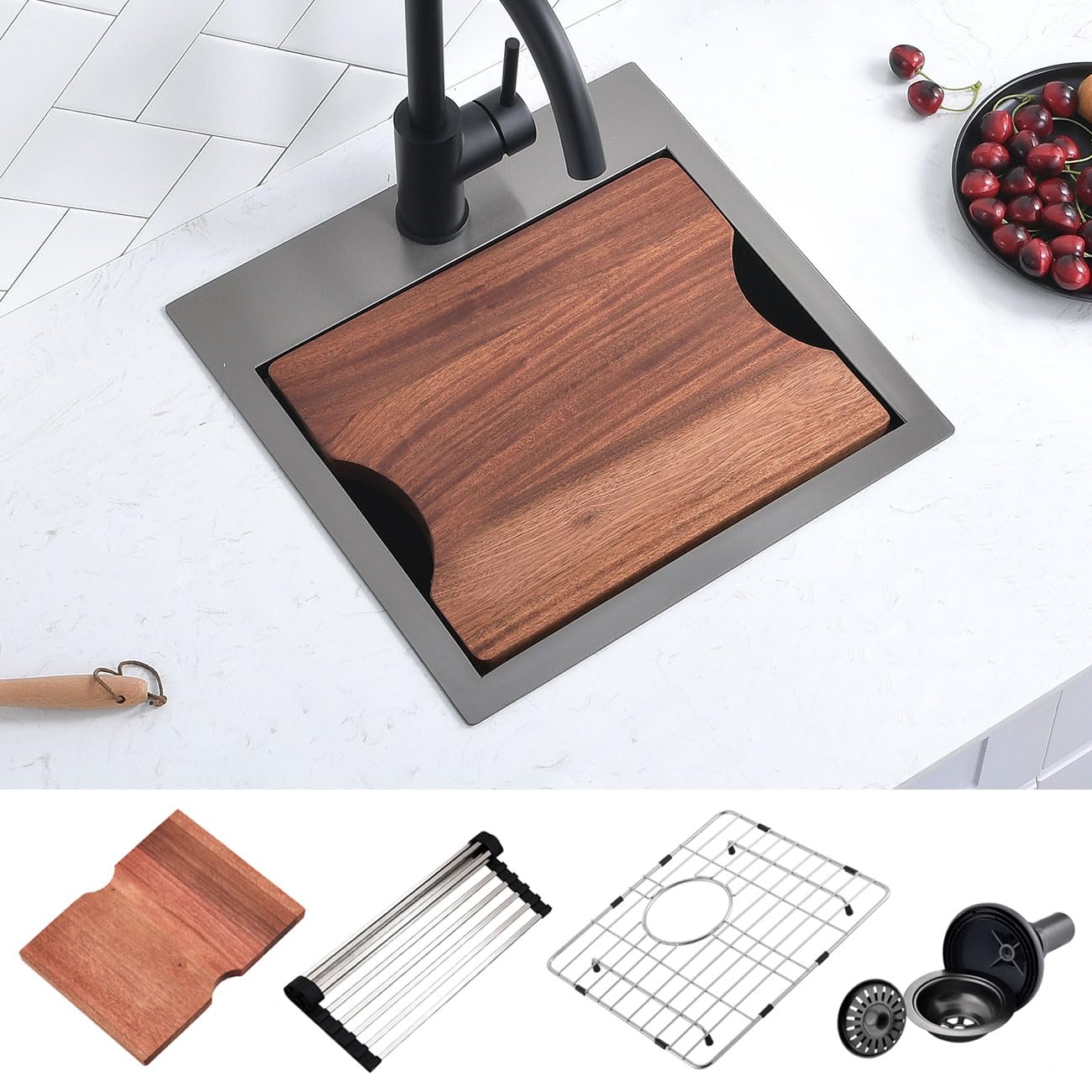 15 Black Stainless Steel Drop In Kitchen Bar Sink, Scamall 15X15X9 Inches Topmount Small Bar Sink - 16 Gauge Matte Black Stainless Steel Workstation Kitchen Bar Sink SM021-1SBG