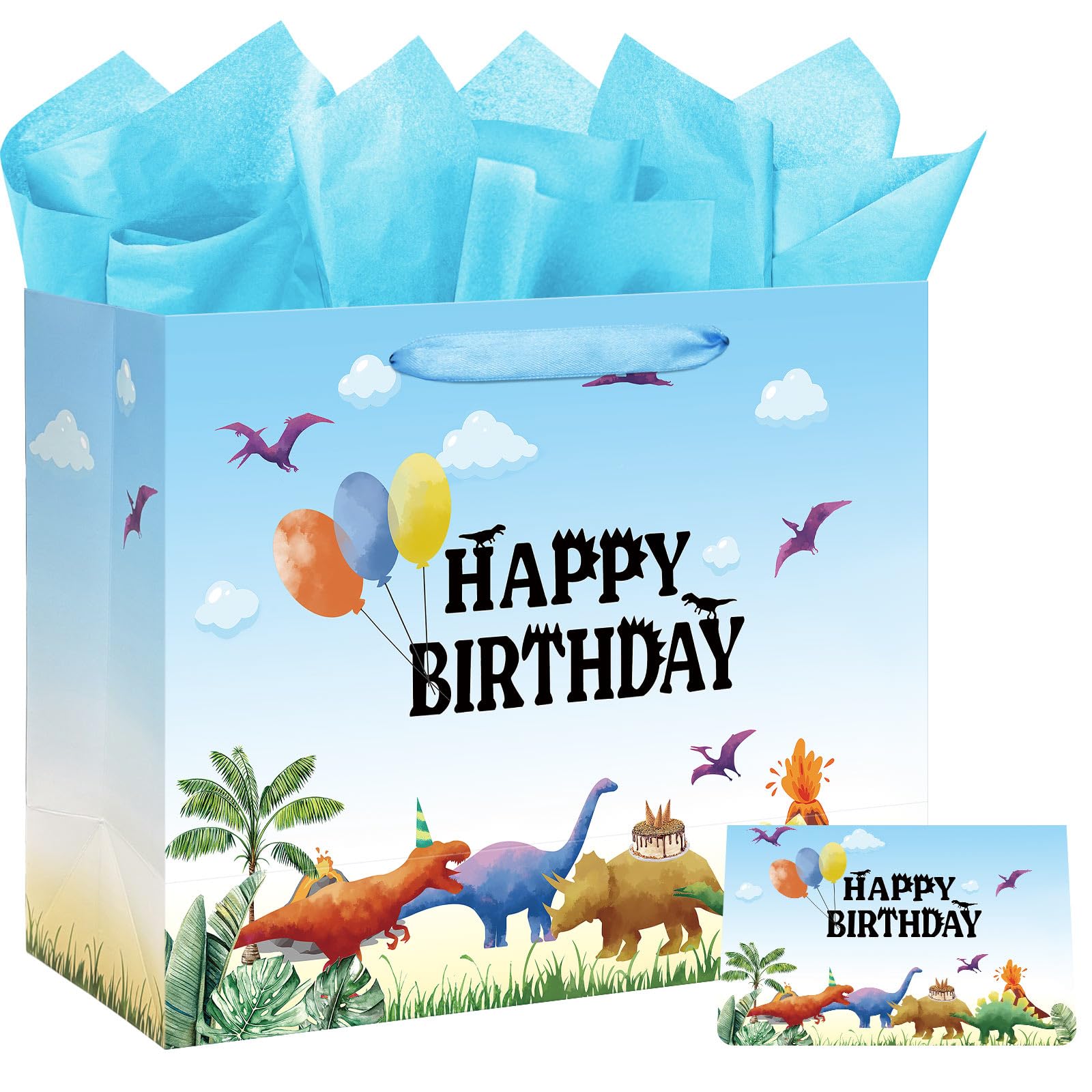 16.5" Extra Large Watercolor Dinosaur Birthday Gift Bag for Boy Kids with Card and Tissue Papers