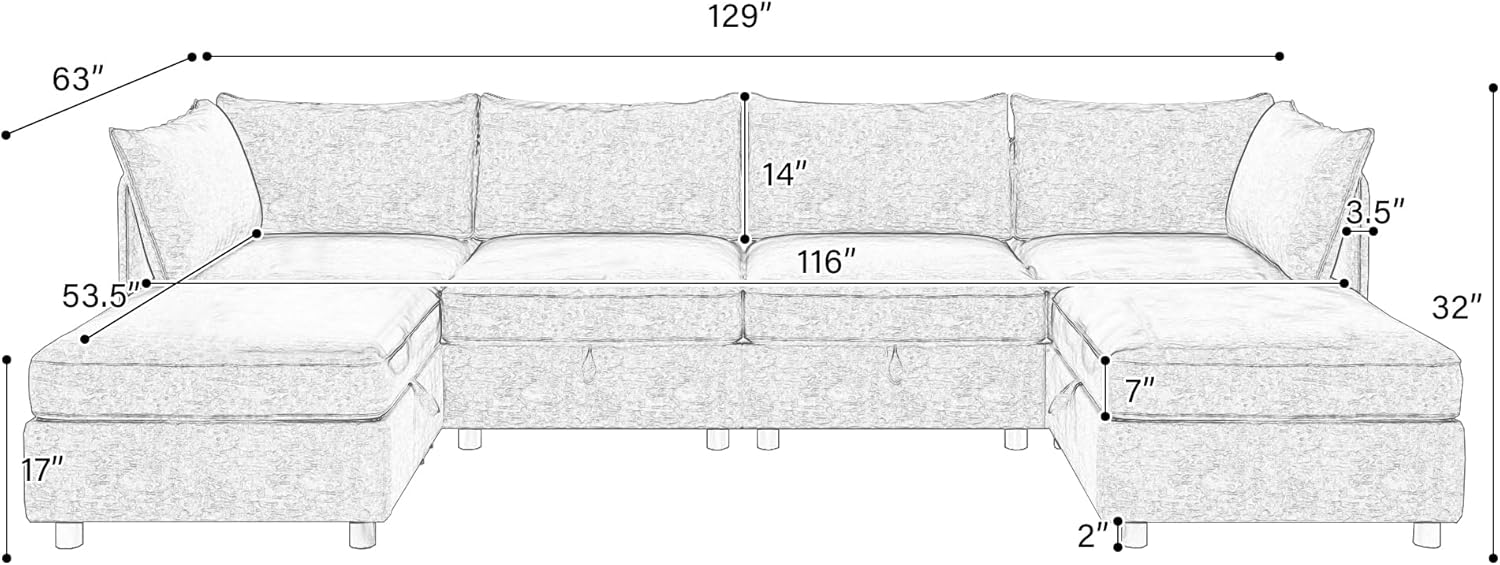 129-Inch U-Shaped 6 Seat Modular Sofa Deep Seat Storage Sectional Sofa Couch Free Combination with Movable Ottomans ,6 Seat Chenille Upholstered U-Shaped Convertible Sleeper Couch for Home Apartment | Space Saving