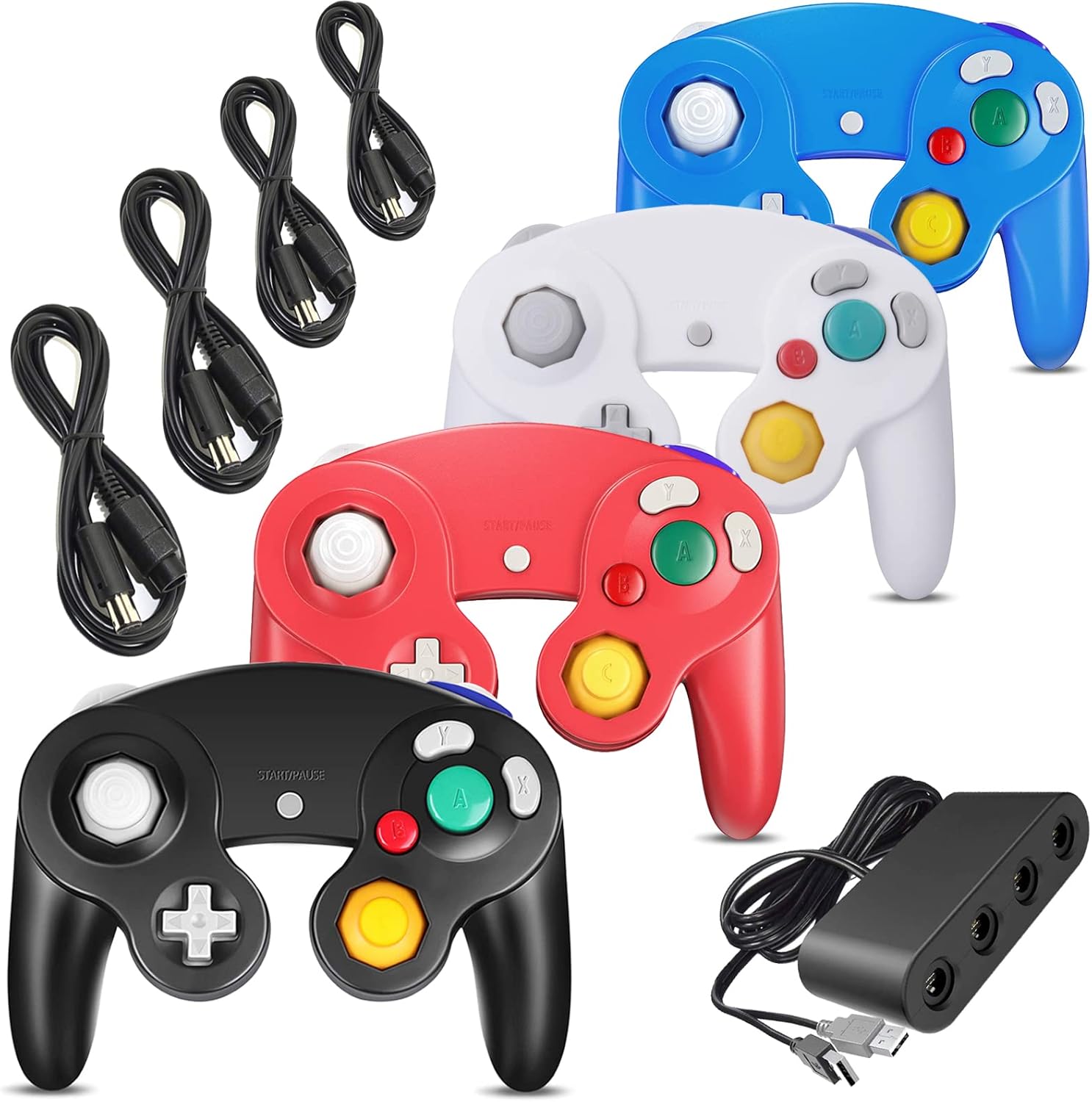 4 Pack Gamecube Controller Bundle with 4 Extension Cords and a 4-Port Adapter for Nintendo Wii U/Switch/PC(BK，RD，WH，BU)