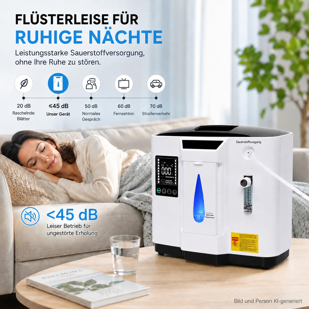 Sauerstoffkonzentrator, 1-7 L/min einstellbar, tragbares Gerät für Zuhause und Reise, 30-93% Sauerstoffkonzentration, Touch-Display, Timer, Fernbedienung, Negativ-Ionen-Modus