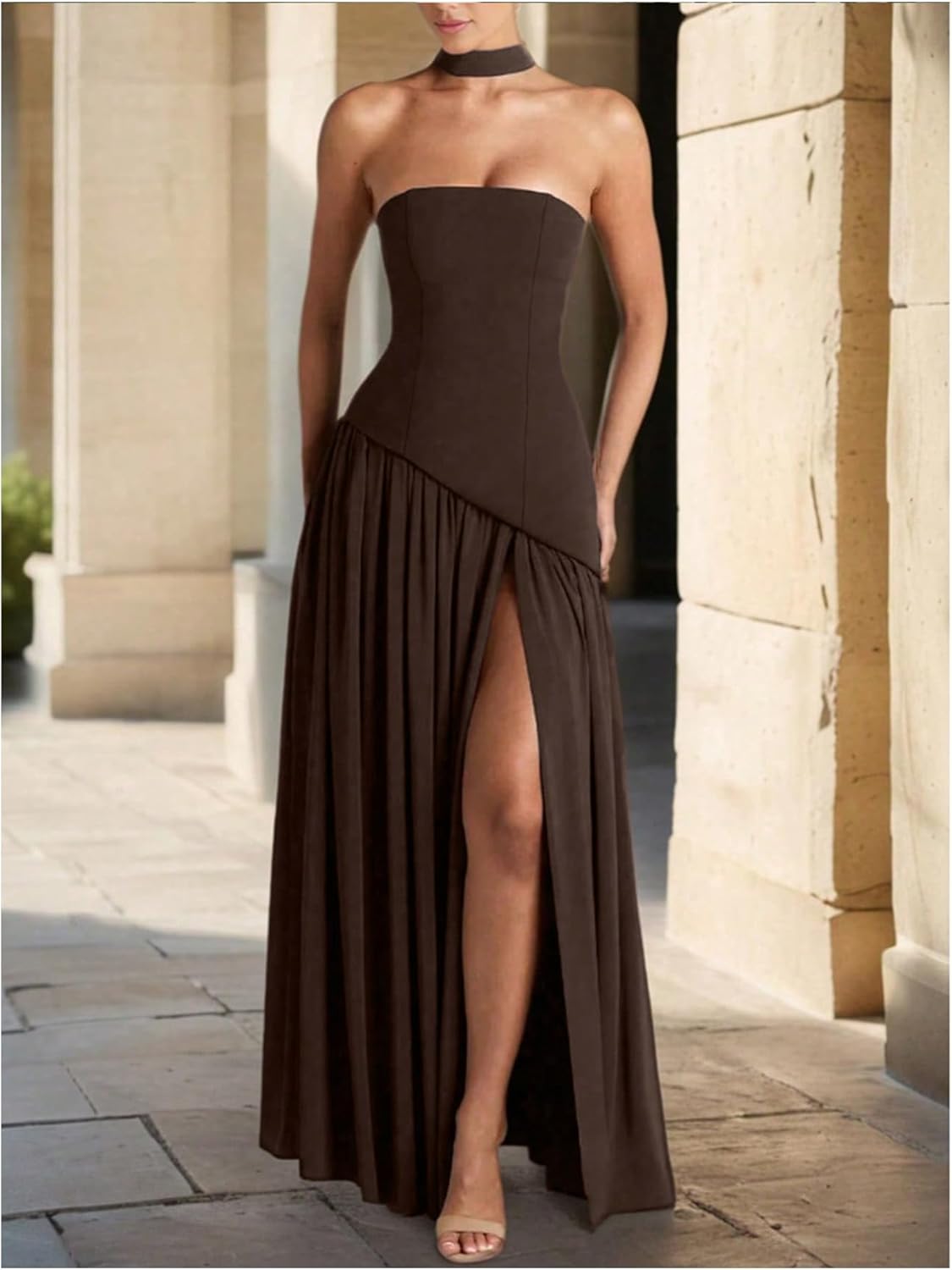 SOLY HUX Women's Elegant Strapless High Slit Tube Dress Evening Wedding Guest Maxi Dresses with Scarf - Image 3