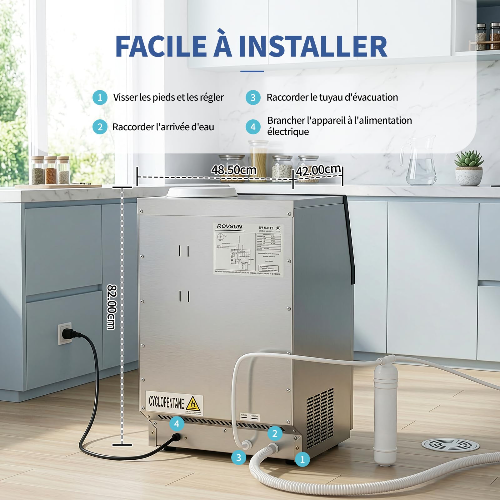 LEADZM Machine à Glaçons Commerciale 50 kg/24h, Capacité de Stockage 23 kg, 50 Glaçons par Cycle, Acier Inoxydable, Nettoyage Automatique, Idéale pour Bar, Restaurant et Café