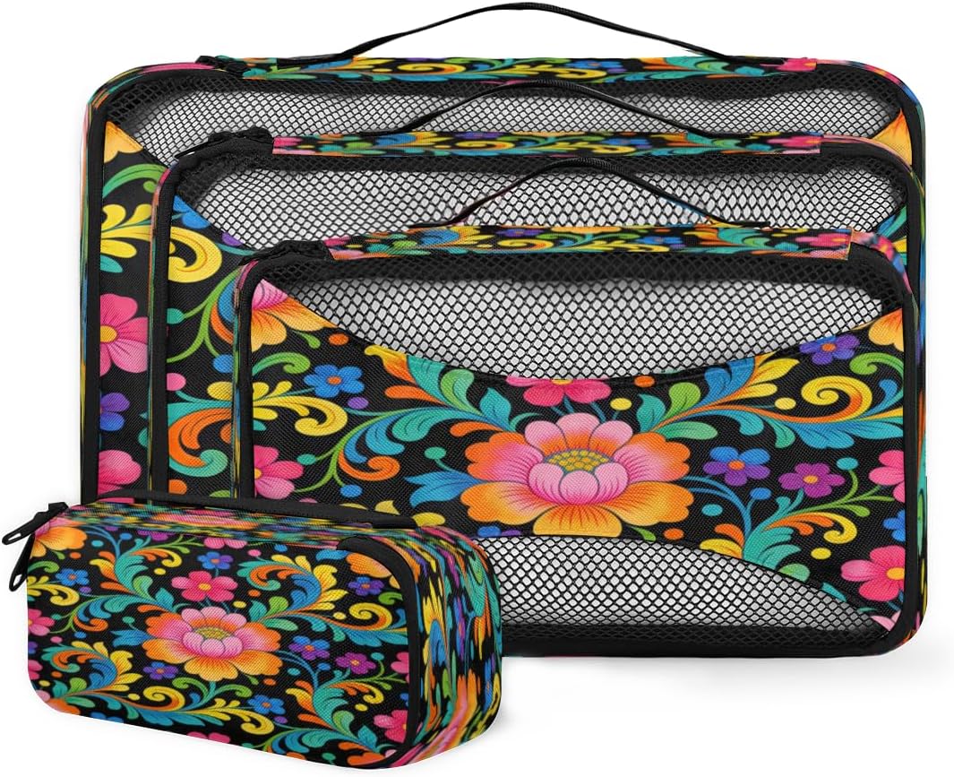 Artistic Color Flower Picture Travel packaging box 4 sets - 4 sizes of durable luggage storage boxes,comprehensive packaging boxes for toiletries,underwear,shoes,and travel essentials