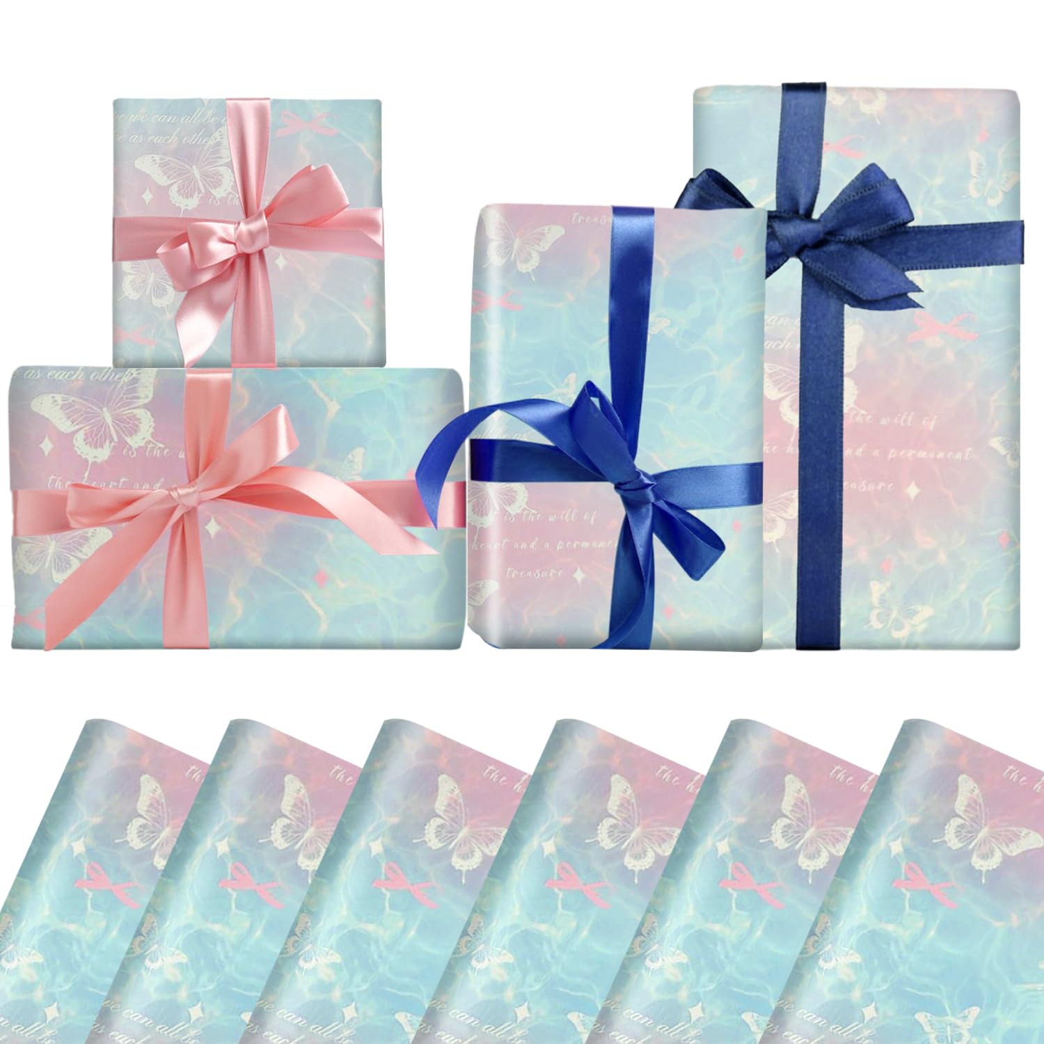 6 Sheets Butterfly Gift Wrapping Paper, 70x50cm Rose Pink Happy Birthday Christmas Decorations Gift Wrapping Paper for Girls Women, Ornaments - Plastic Free and Recyclable (Butterfly)