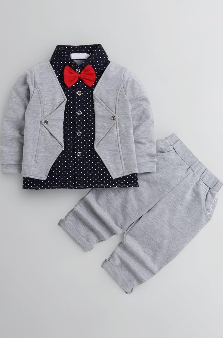 Boys Gray Polka Dot Print Shirt and Pants Set with Bow