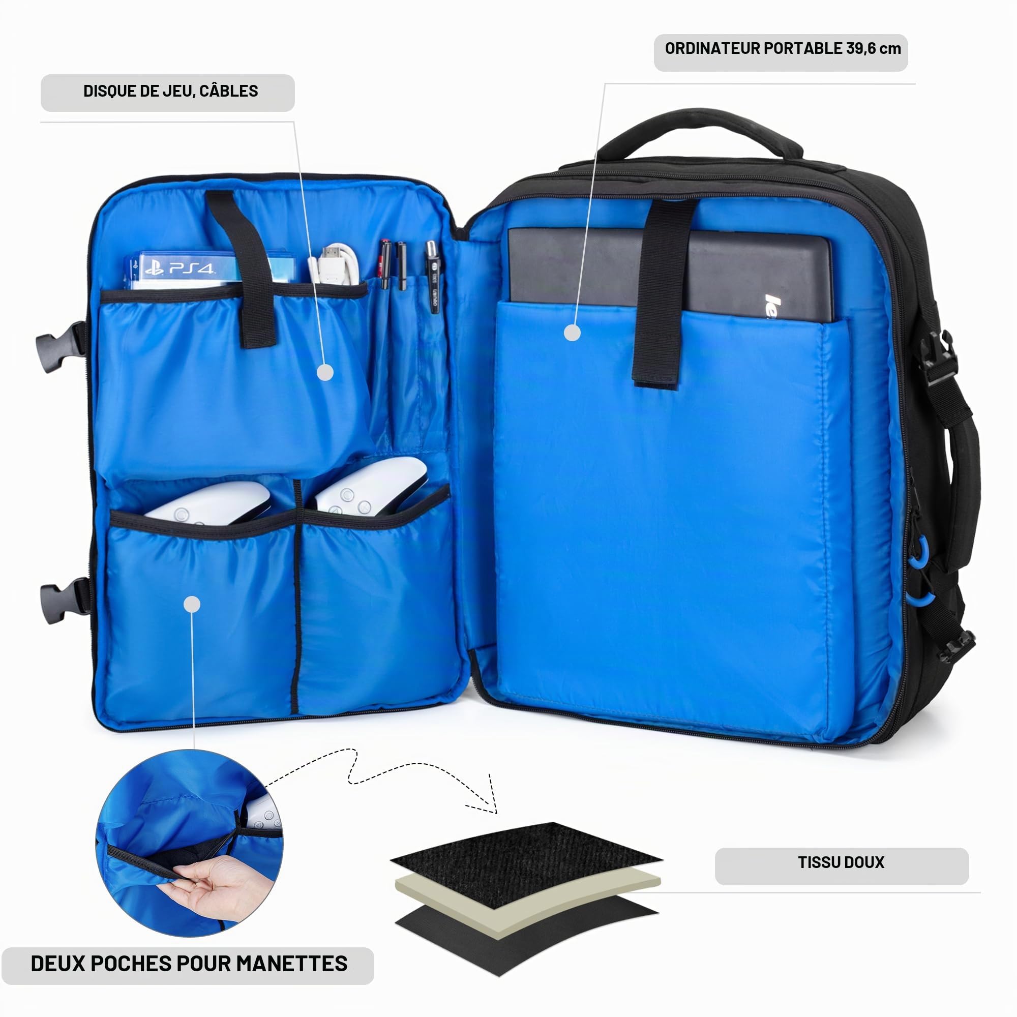 PGmoon Sac à Dos Compatible avec Console PS5/PS4 pour Voyage, Soirée | Grande Cloison Rembourrée Réglable, Plusieurs Poches pour Manette, Laptop 15,6", Disques de Jeu, Conception Brevetée