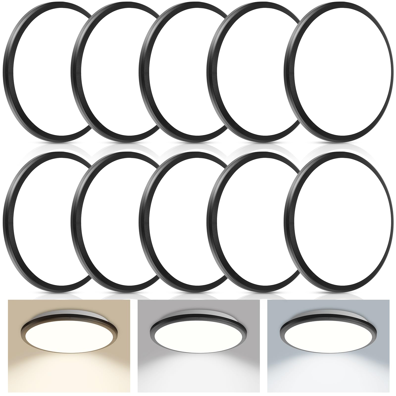 Photo 1 of 10 Pack LED Flush Mount Ceiling Light Dimmable ?Ceiling Light ?fixtures 3 Color Temperatures 3000k/4000k/6500k, Modern Round Flat Lights for Bedroom, Kitchen, Closets, Hallway (Black, 1600lm, 12 Inch) 1600lm, 12 Inch Black