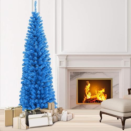 Miniatura 2 de Árbol de Navidad azul de 6 pies árbol de lápiz delgado con 520 puntas de rama hojas de PVC de calidad soporte de metal plegable decoración navideña